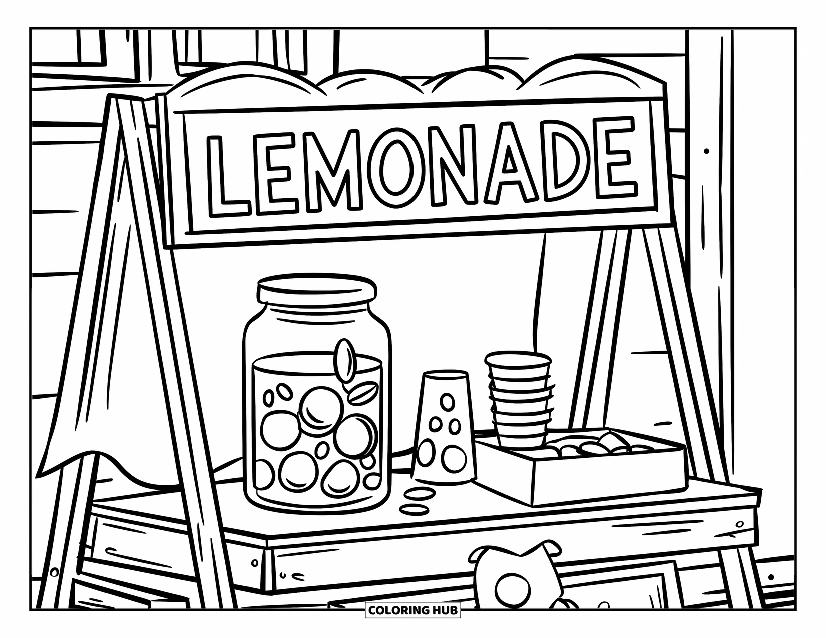 August Coloring Page for Kids: Lemonade stand with cups, coins, and a wooden sign