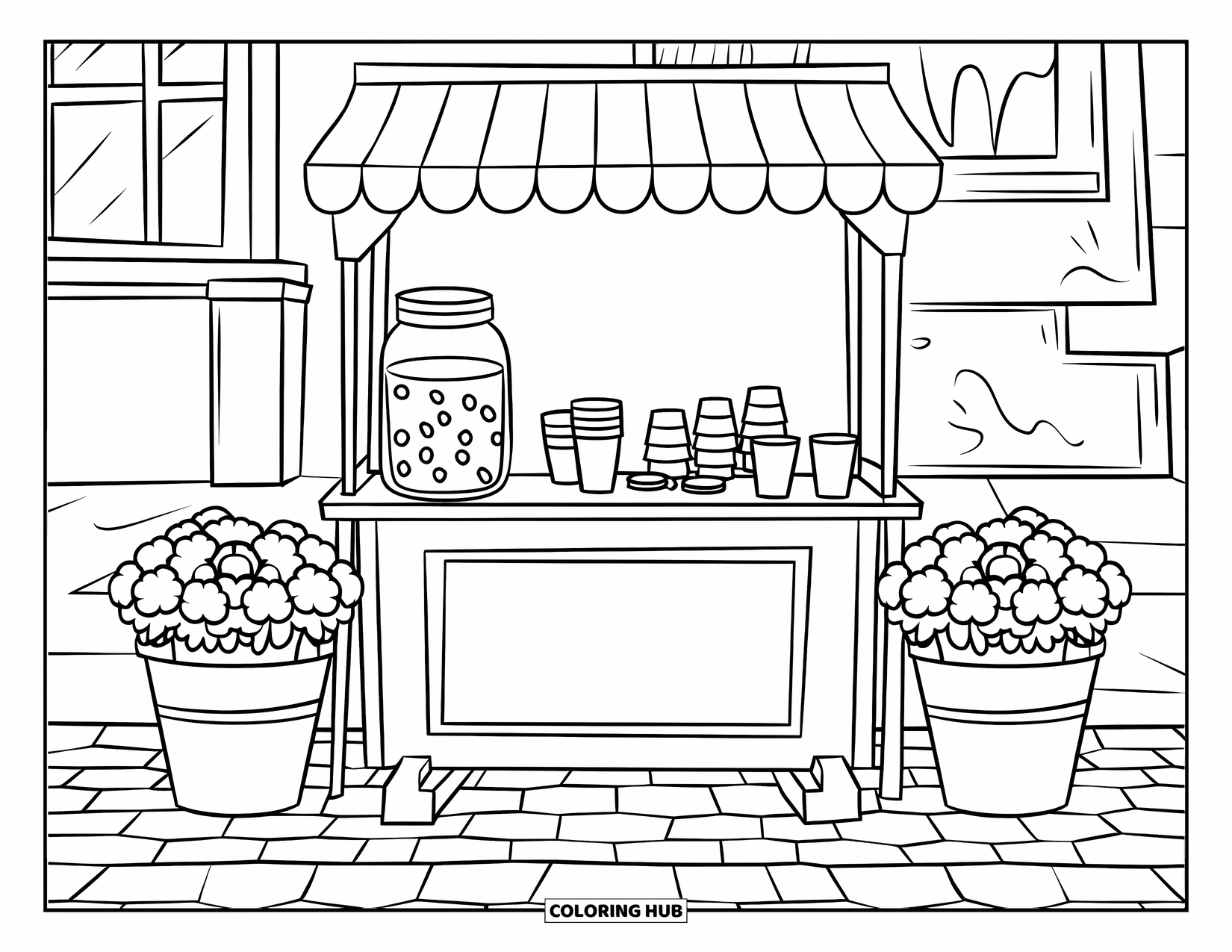 August Coloring Page for Kids: Lemonade stand with flowers, coins, and a jar on a brick path