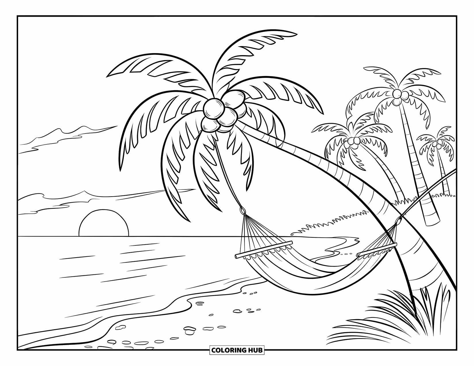 August Coloring Page for Kids: Palm trees and hammock at the beach with sunset skies