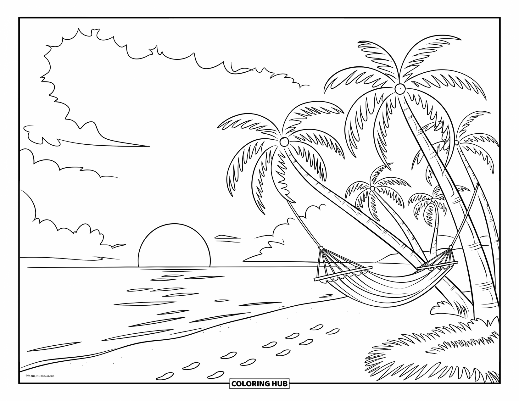 August Coloring Page for Kids: Palm trees and hammock by the beach at sunset