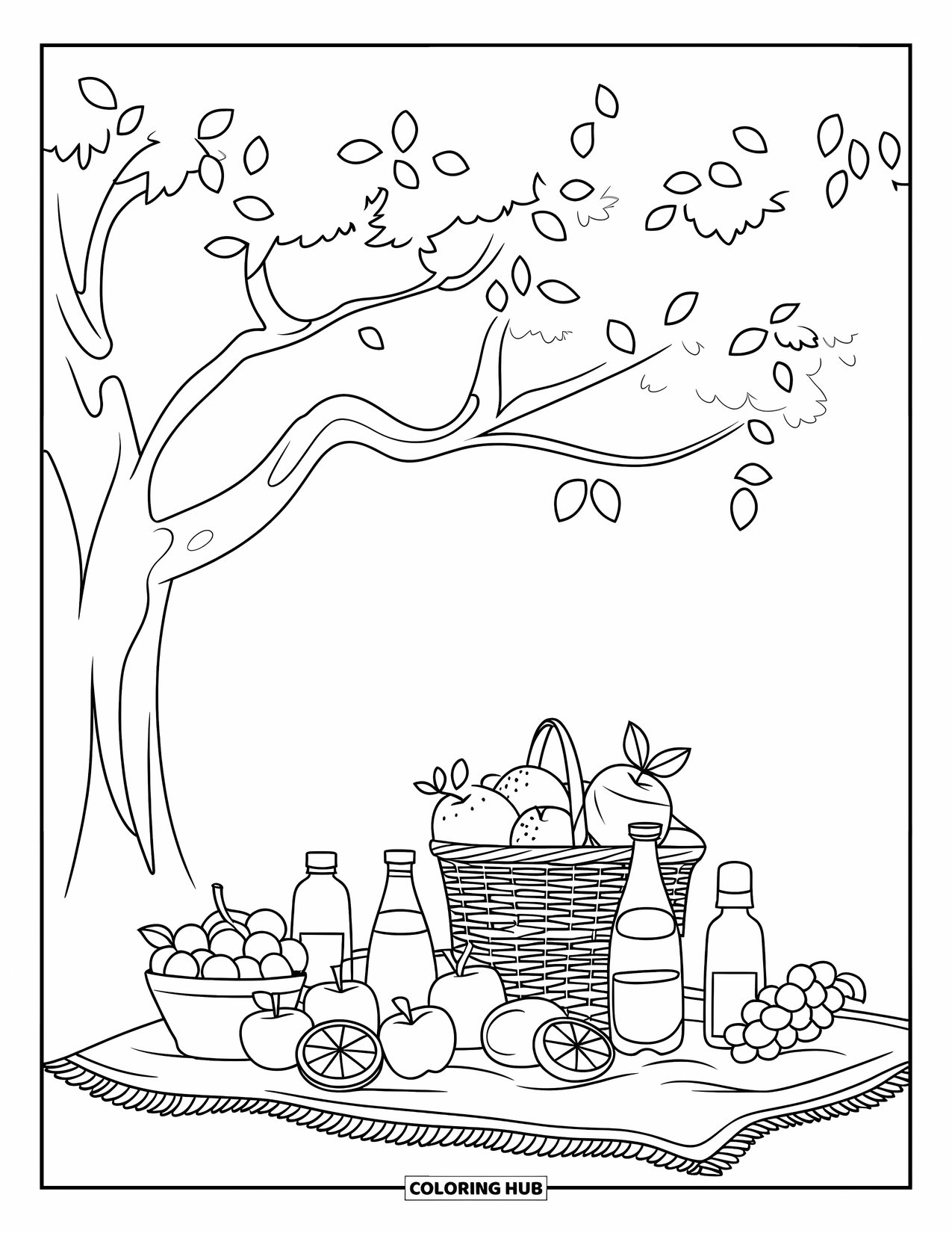August Coloring Page for Kids: Picnic under a tree with fruits and drinks