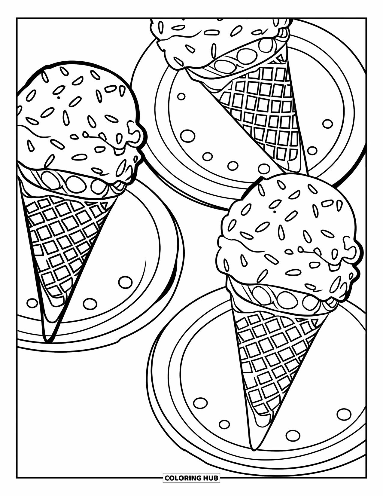 August Coloring Page for Kids: Plates of ice cream cones with sprinkles and bold outlines
