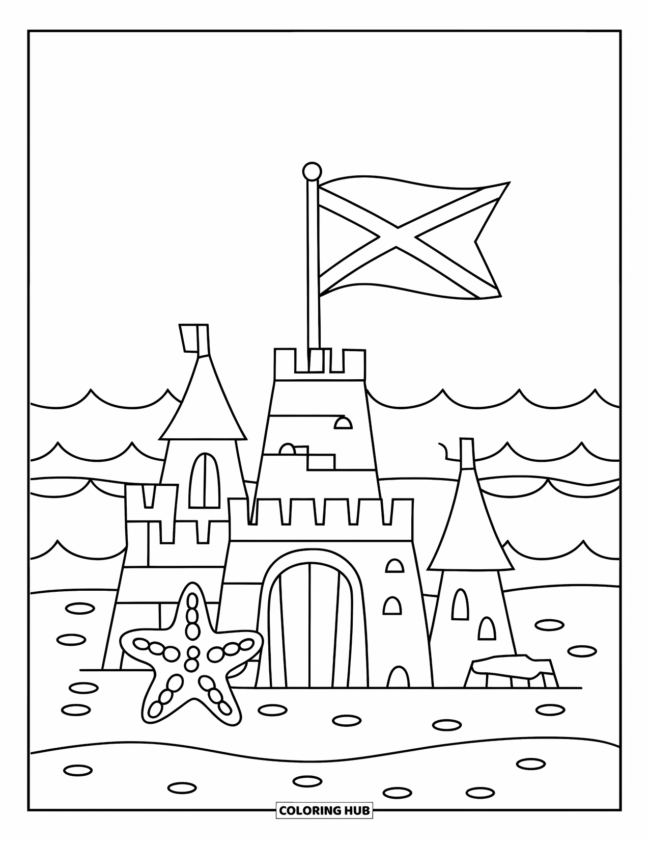 August Coloring Page for Kids: Sandcastle with towers, flag, and starfish by the waves