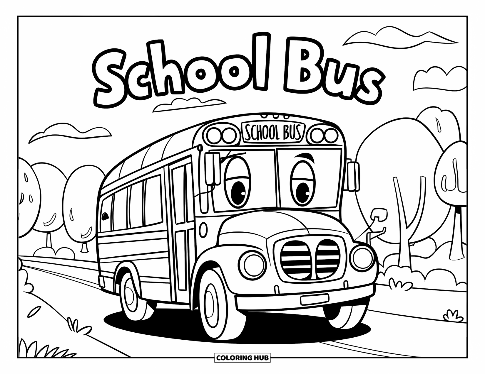 August Coloring Page for Kids: School bus with happy windows and trees on both sides