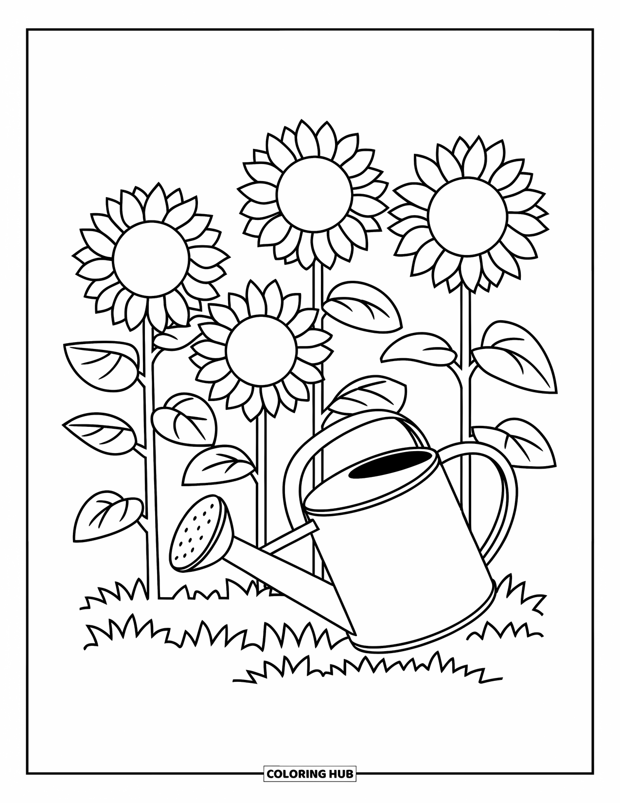 August Coloring Page for Kids: Simple sunflower garden with watering can and bold outlines