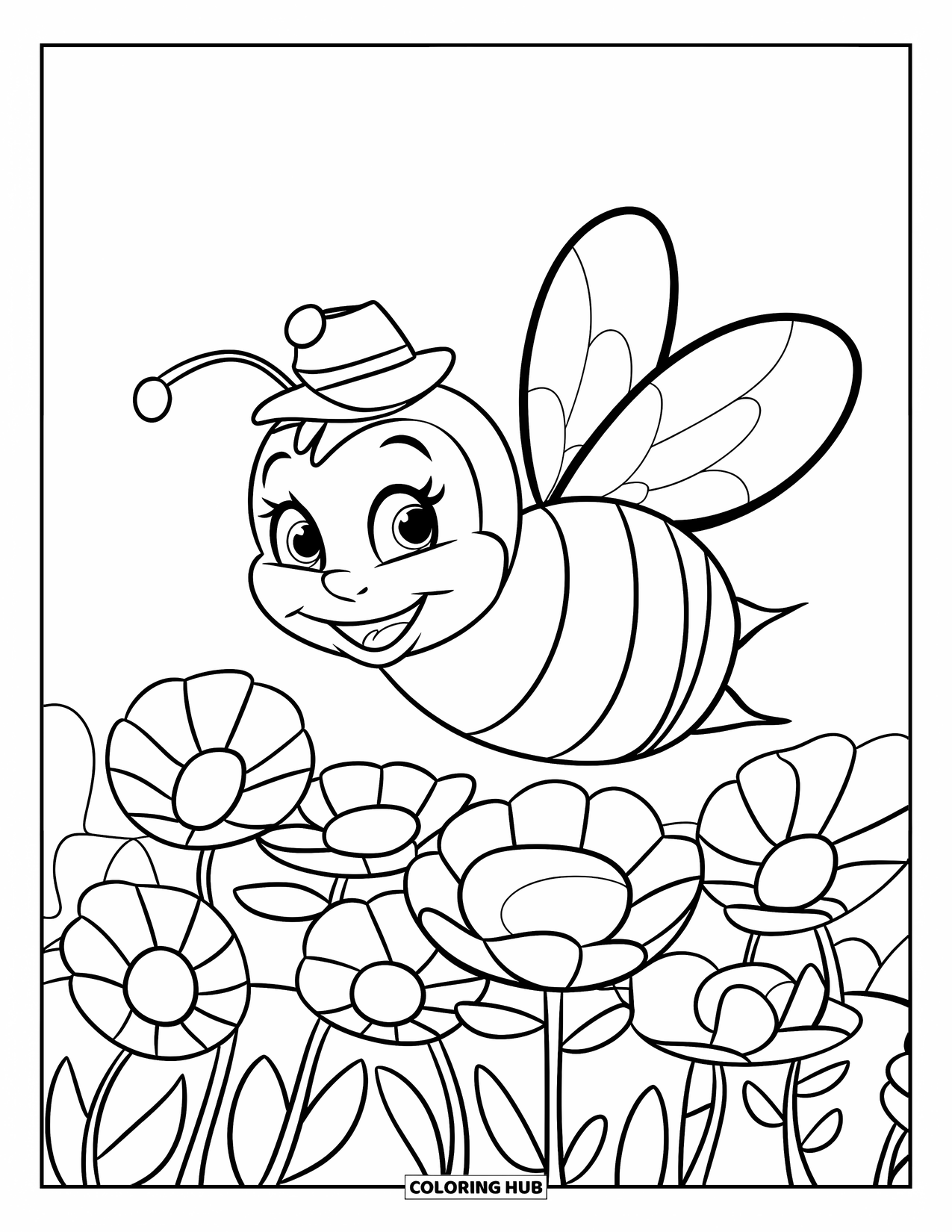 August Coloring Page for Kids: Smiling bee flying near flowers wearing a straw hat