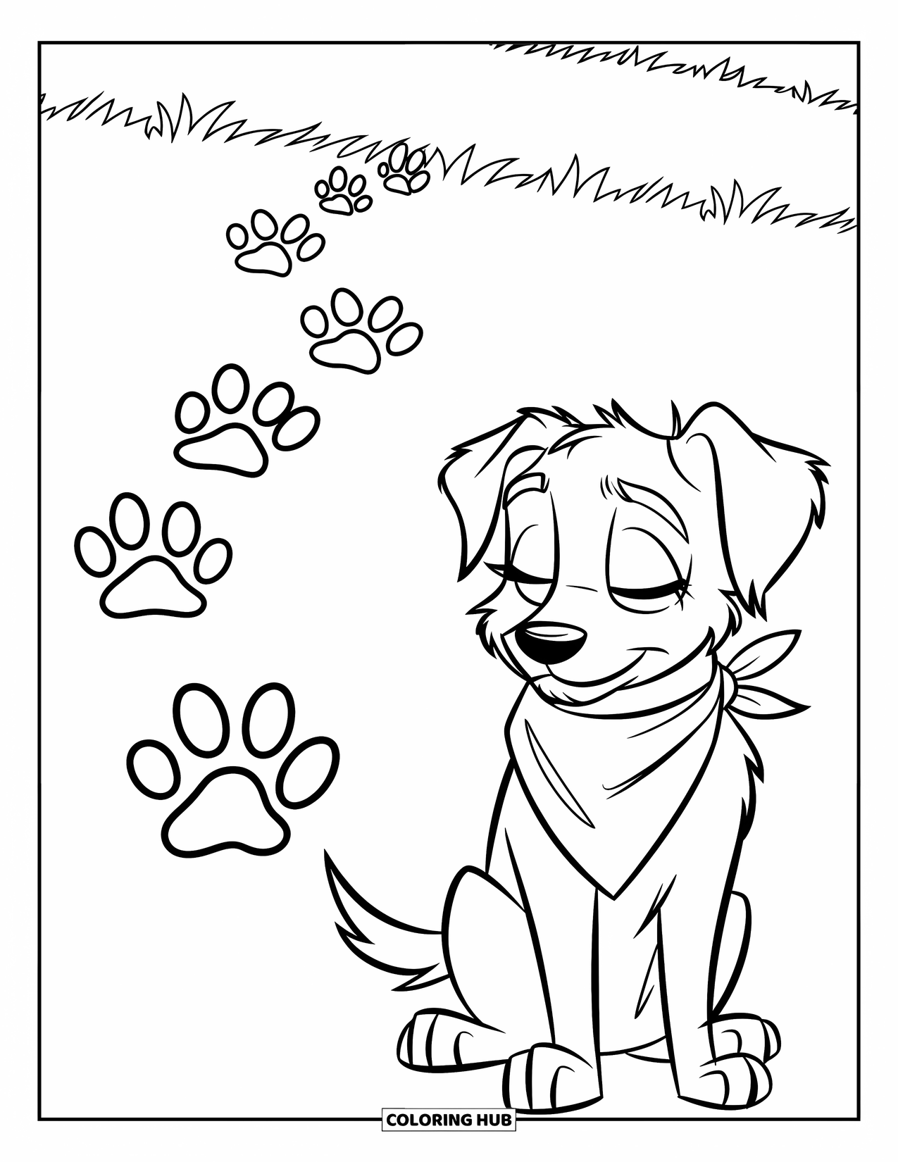 August Coloring Page for Kids: Smiling dog with paw prints and a grassy background