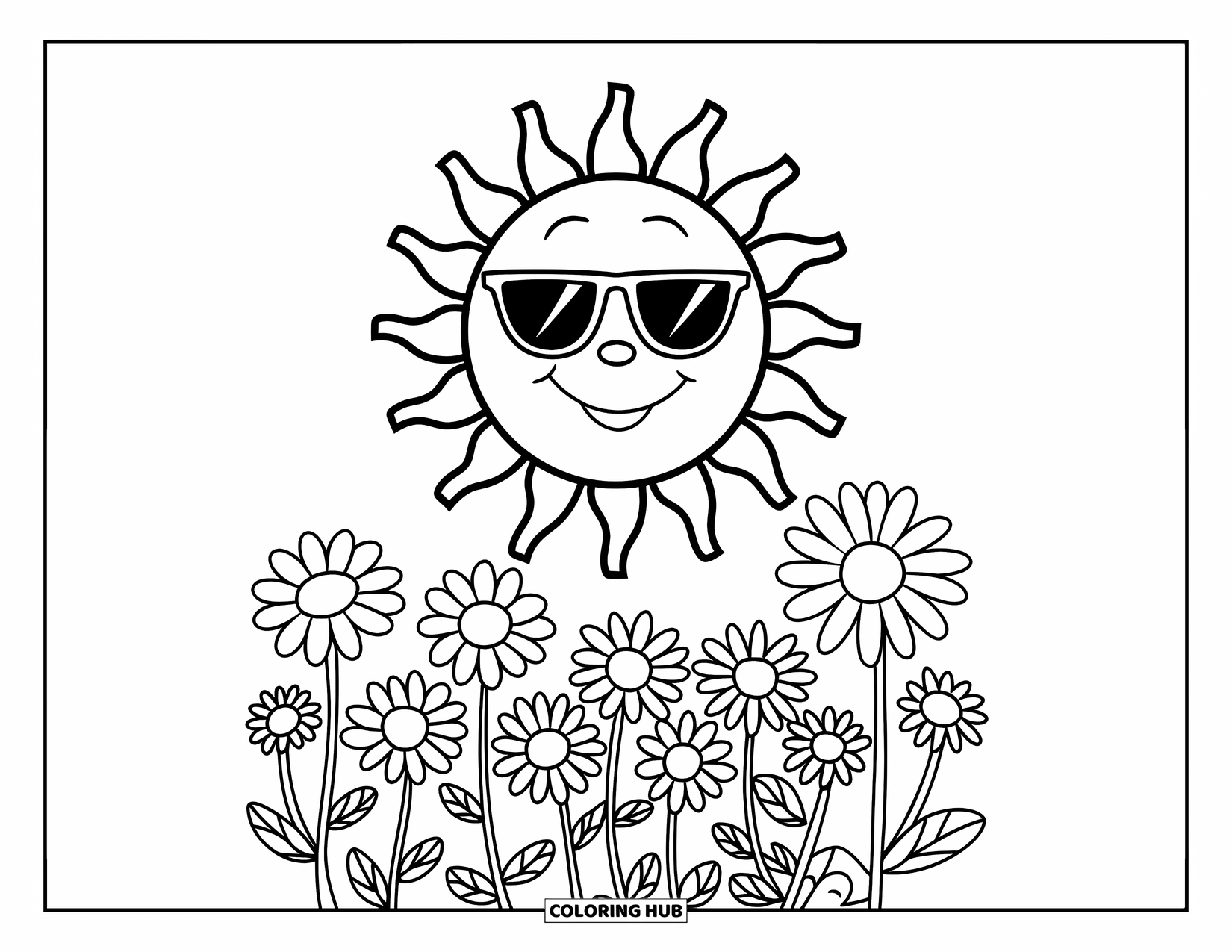 August Coloring Page for Kids: Smiling sun with sunglasses over a field of daisies