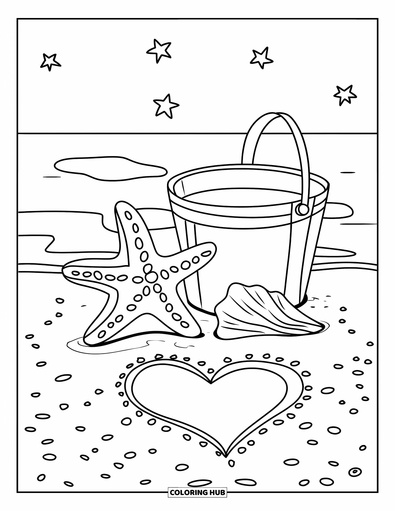 August Coloring Page for Kids: Starfish, seashell, and pail with a heart drawn in the sand