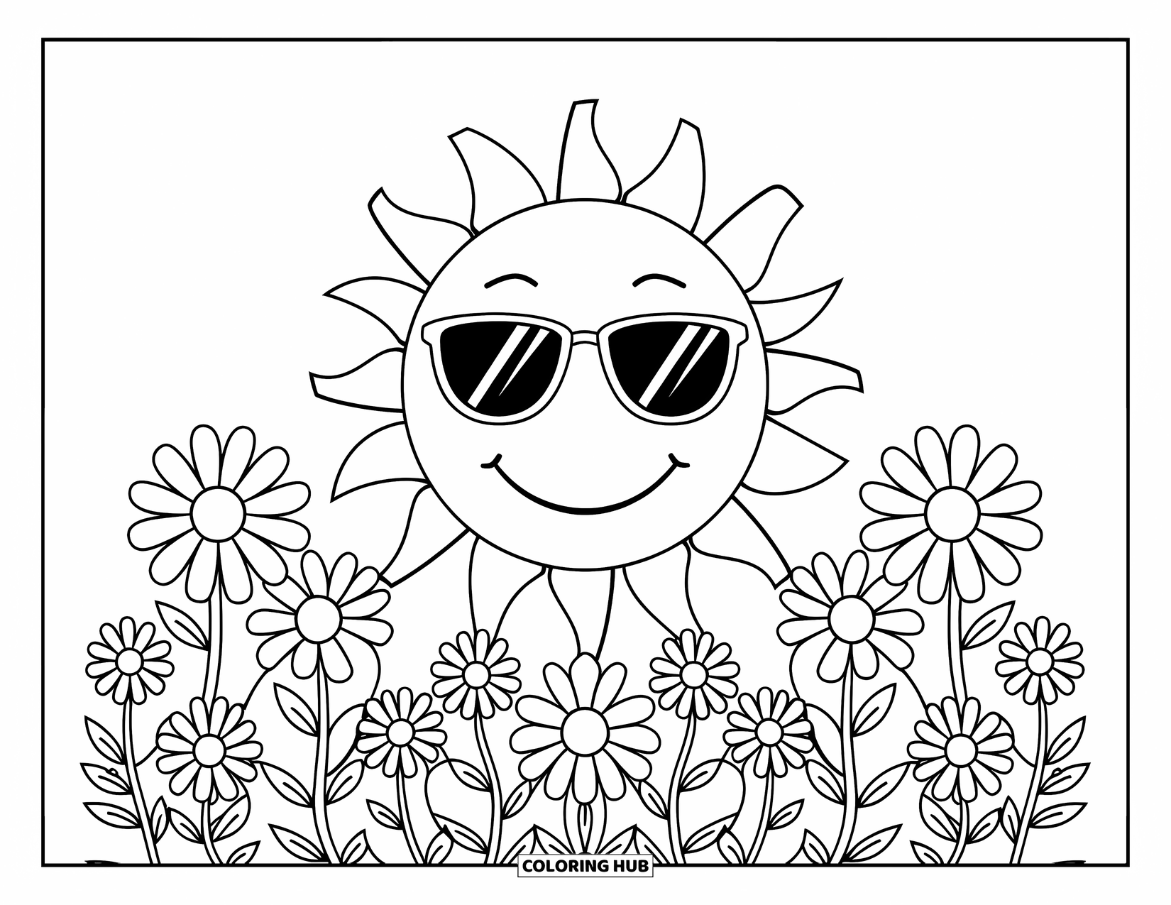 August Coloring Page for Kids: Sun with shades smiling above a circle of daisies