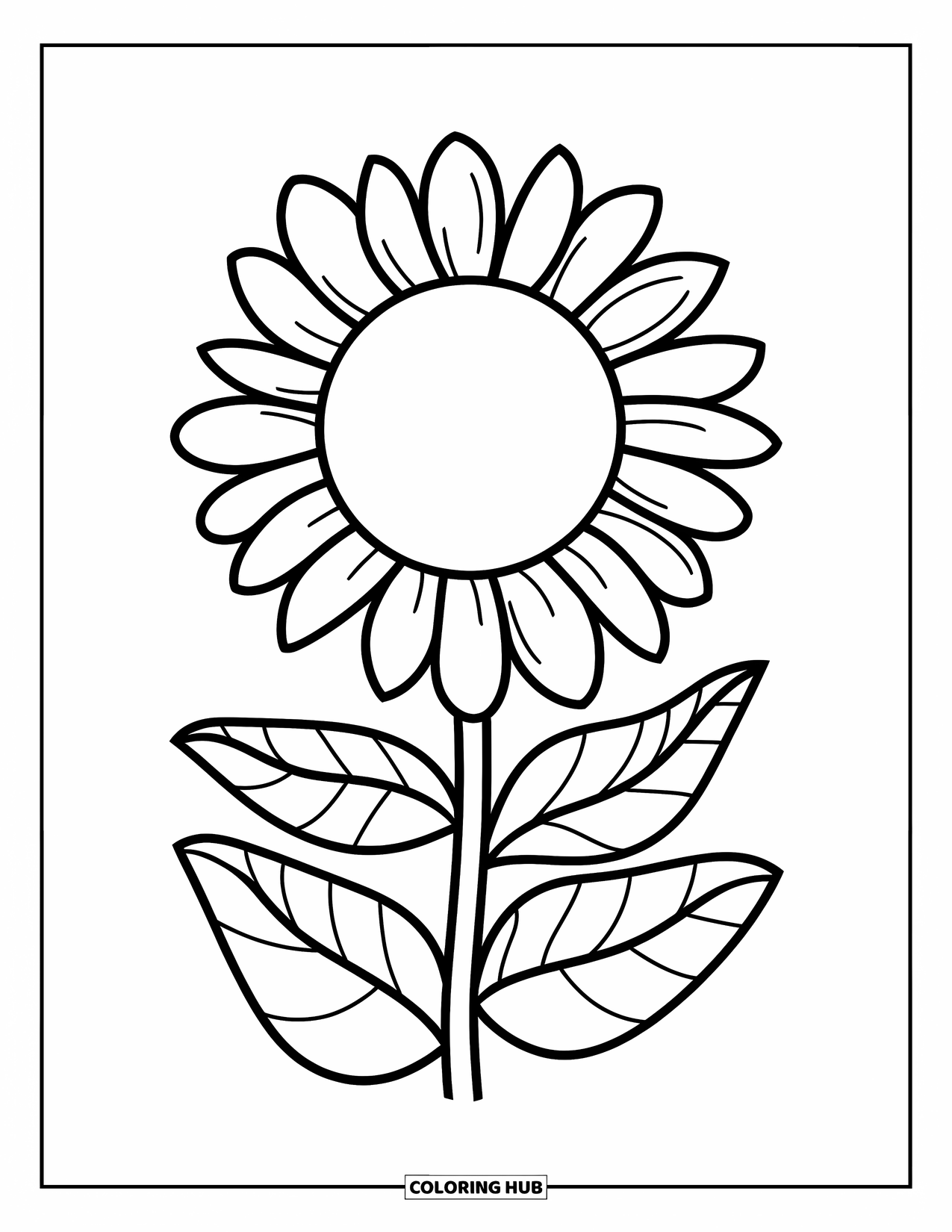 August Coloring Page for Kids: Sunflower with bold petals and a large round center