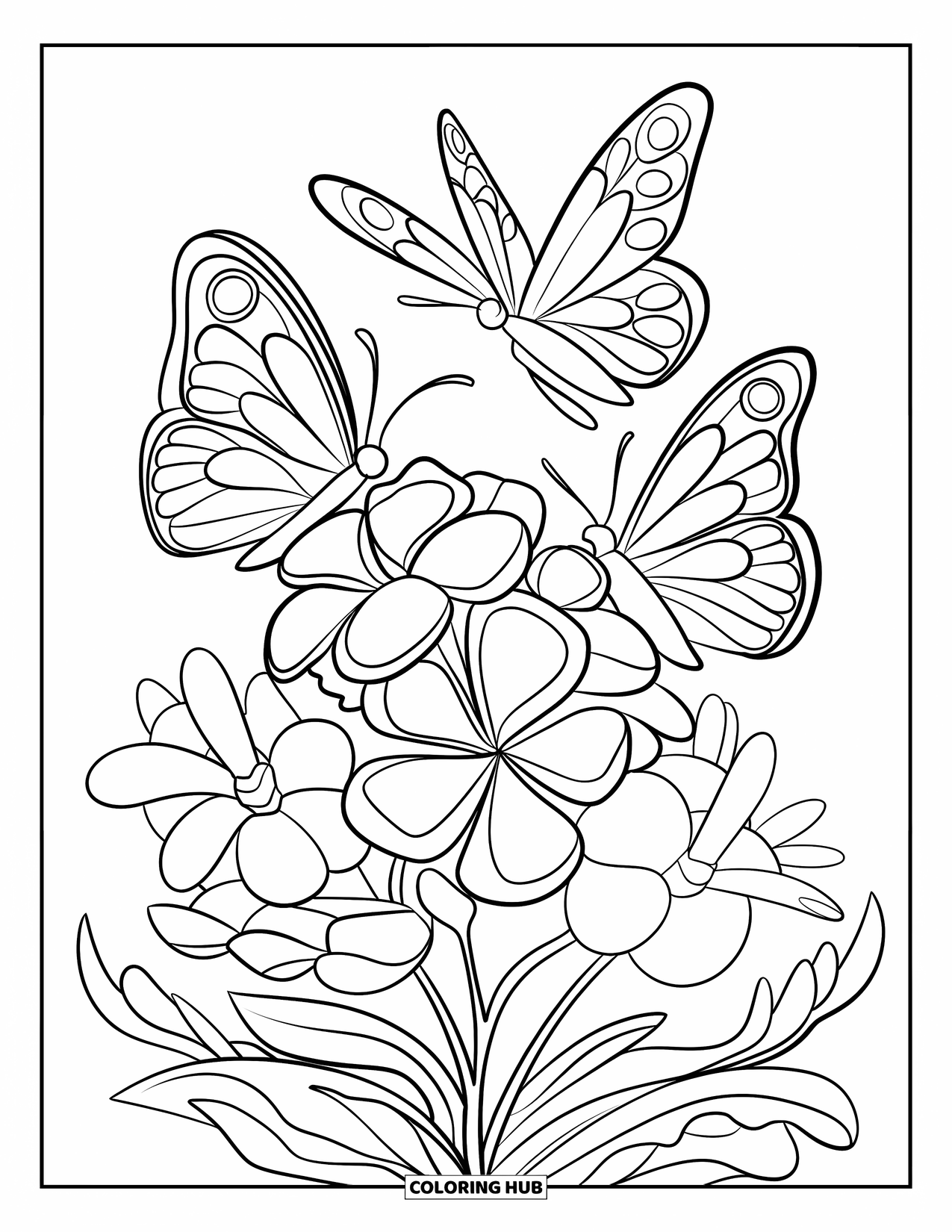 August Coloring Page for Kids: Three butterflies resting on a cluster of flowers