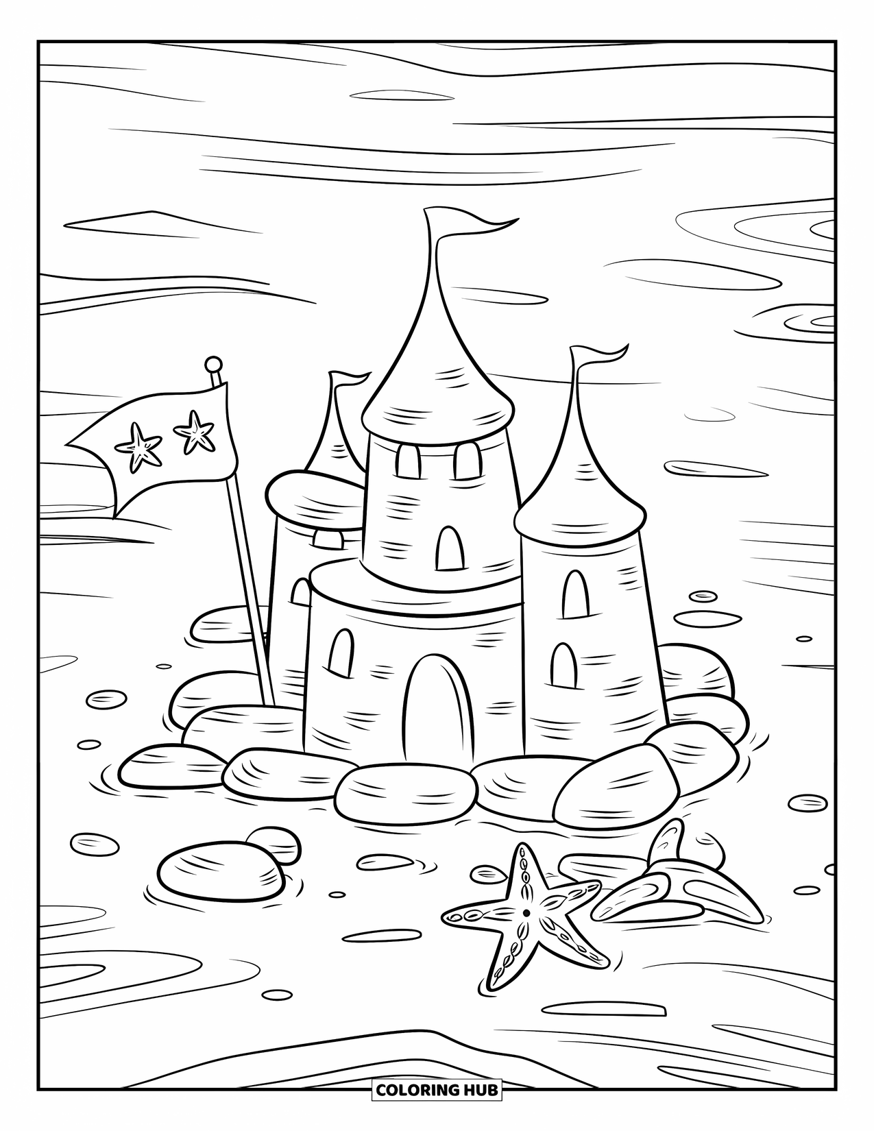 August Coloring Page for Kids: Three-tower sandcastle with a star flag and smooth stones