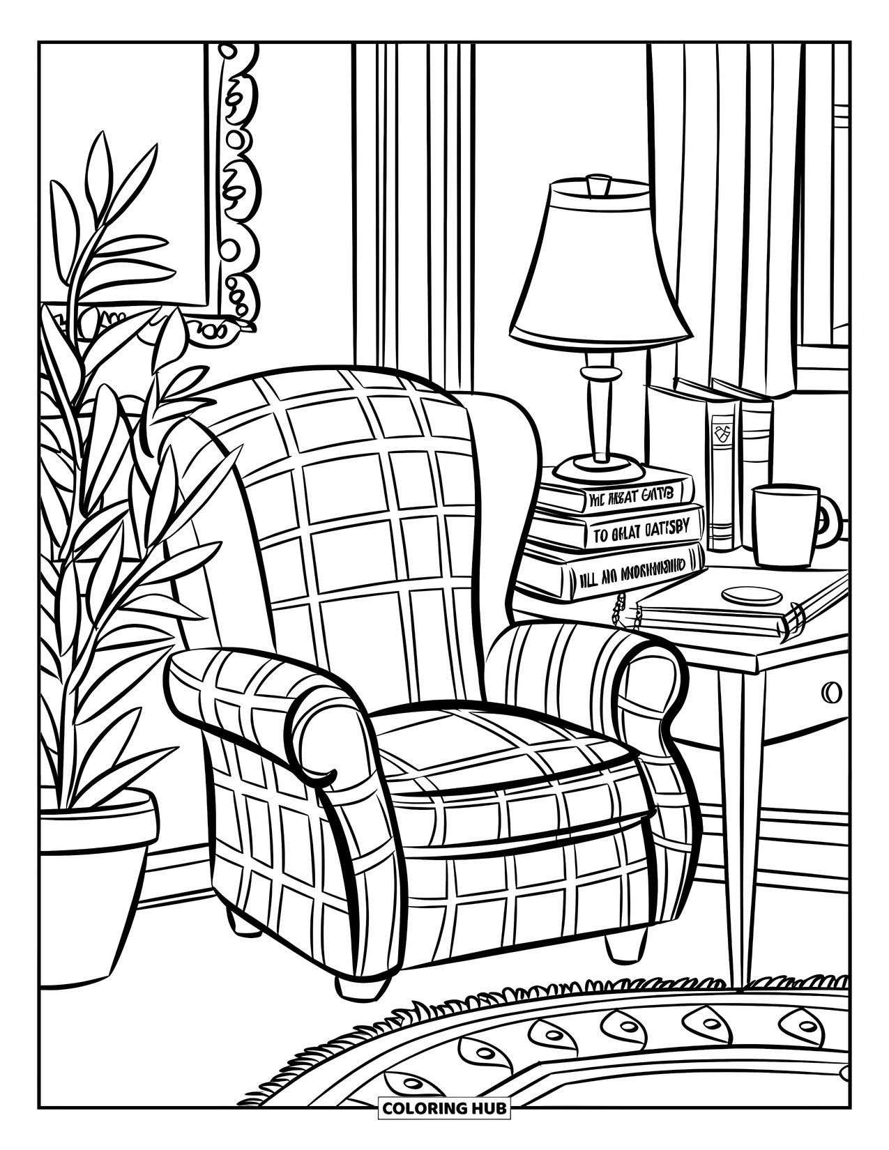 August Coloring Page for Kids: Warm study corner with books, a plaid chair, and a desk lamp