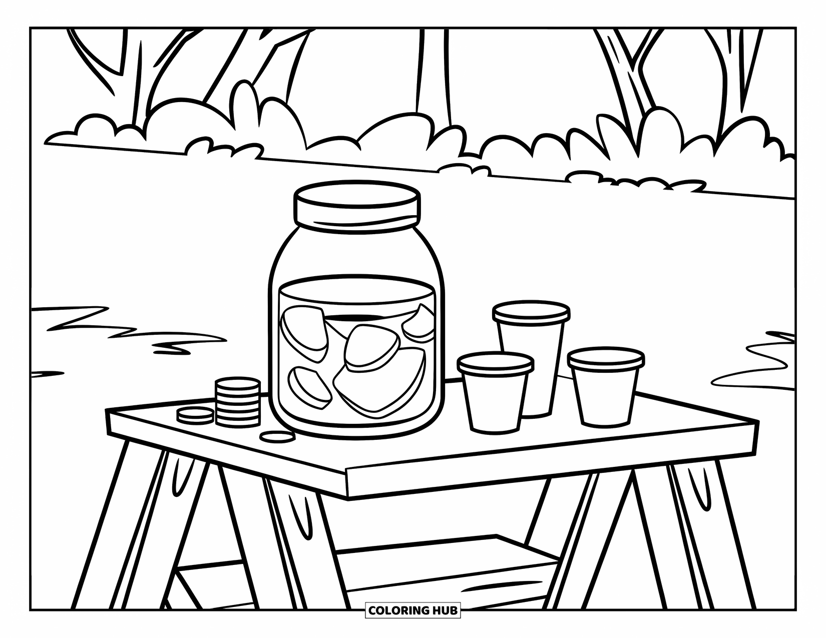 August Coloring Page for Kids: Wooden lemonade stand with drinks and coins under the trees