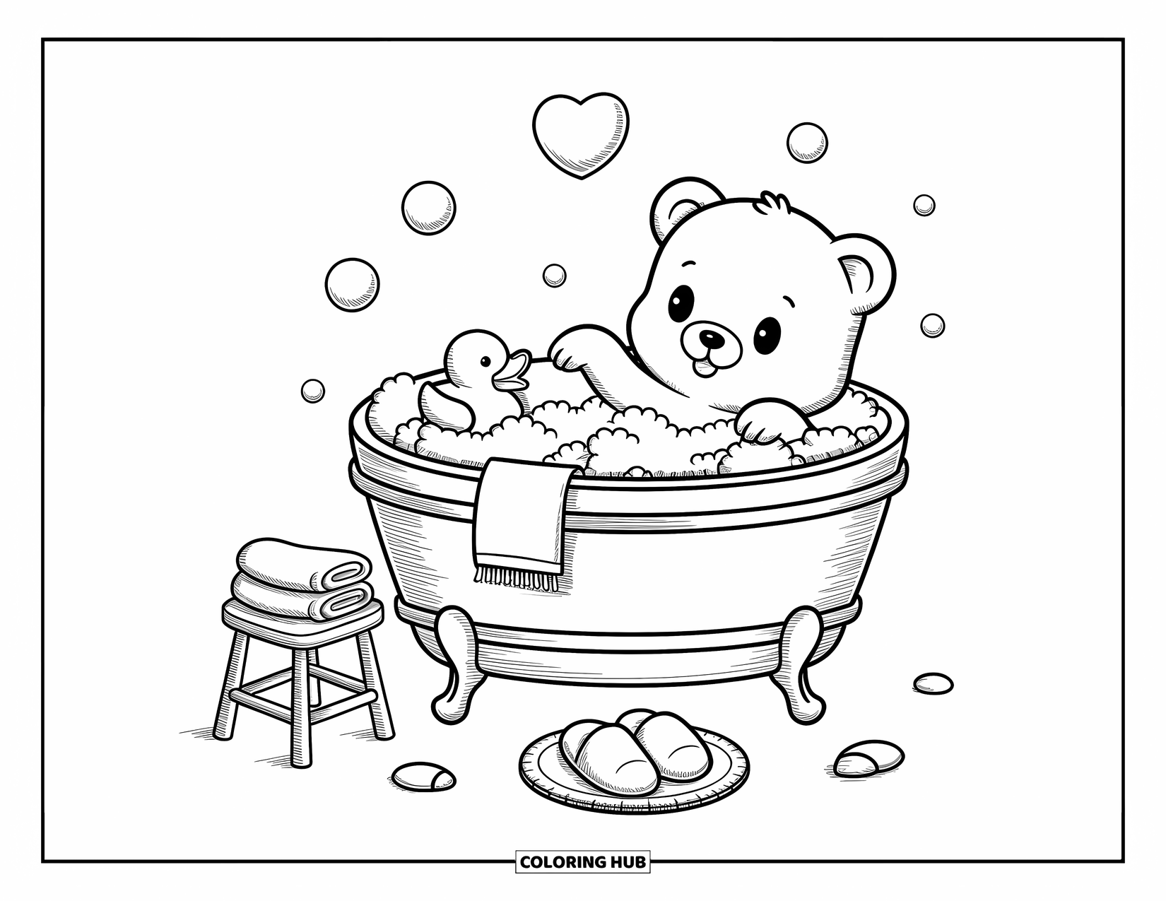 Baby Bear Coloring Page for Adults: A baby bear enjoys a bubble bath in a tub with slippers and towels nearby