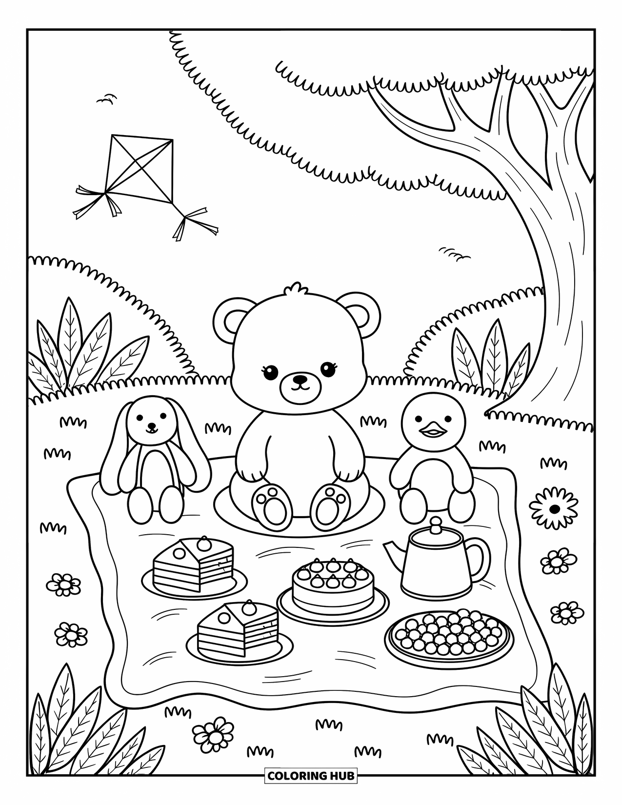 Baby Bear Coloring Page for Adults: A baby bear enjoys a picnic on a blanket with plush toys and sweet treats