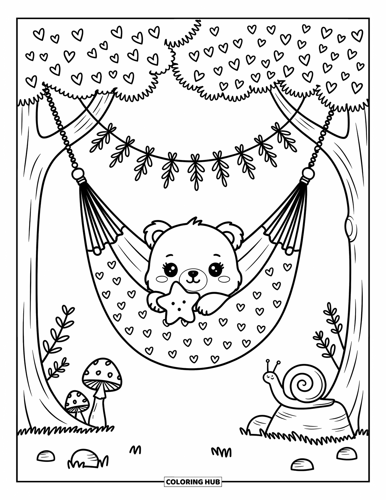 Baby Bear Coloring Page for Adults: A baby bear naps in a hammock holding a plush star with one paw dangling