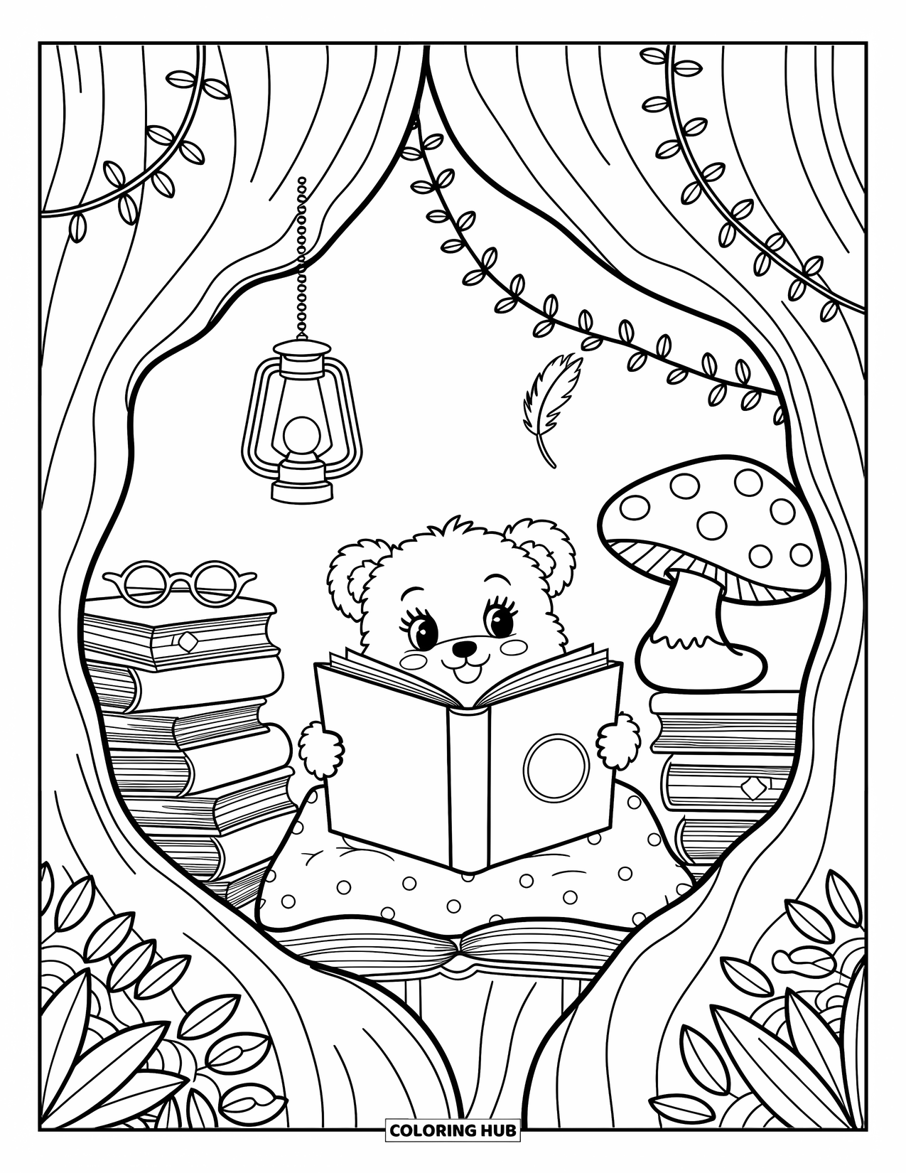 Baby Bear Coloring Page for Adults: A baby bear reads inside a tree trunk with books, lantern, and a mushroom seat
