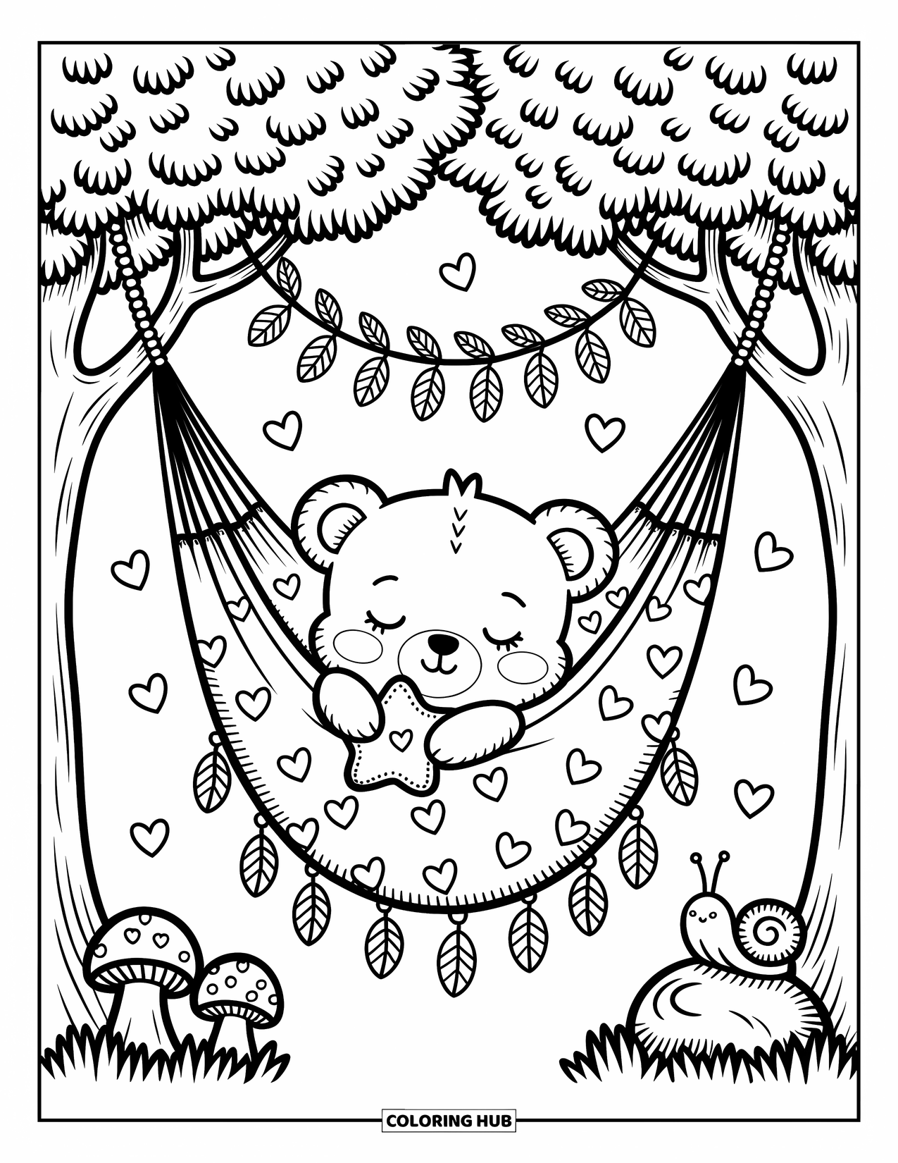 Baby Bear Coloring Page for Adults: A baby bear rests in a hammock with tiny hearts and moons stitched on it