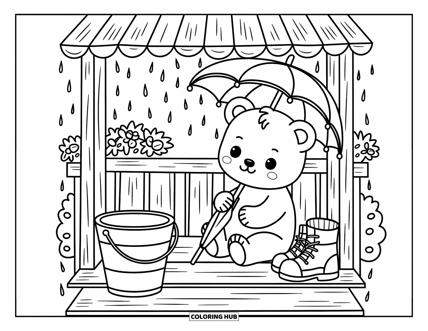 Baby Bear Coloring Page for Adults: A baby bear rests on a porch holding a closed umbrella as rain fills a bucket