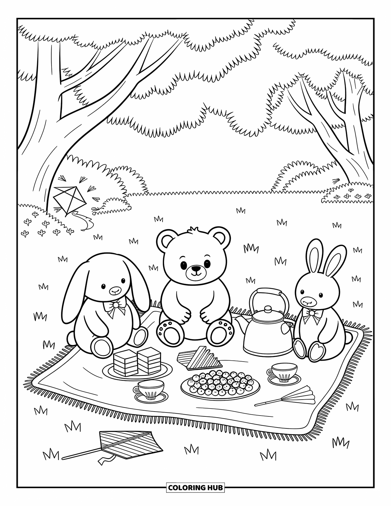 Baby Bear Coloring Page for Adults: A baby bear sits on a blanket with cake, berries, and plush friends