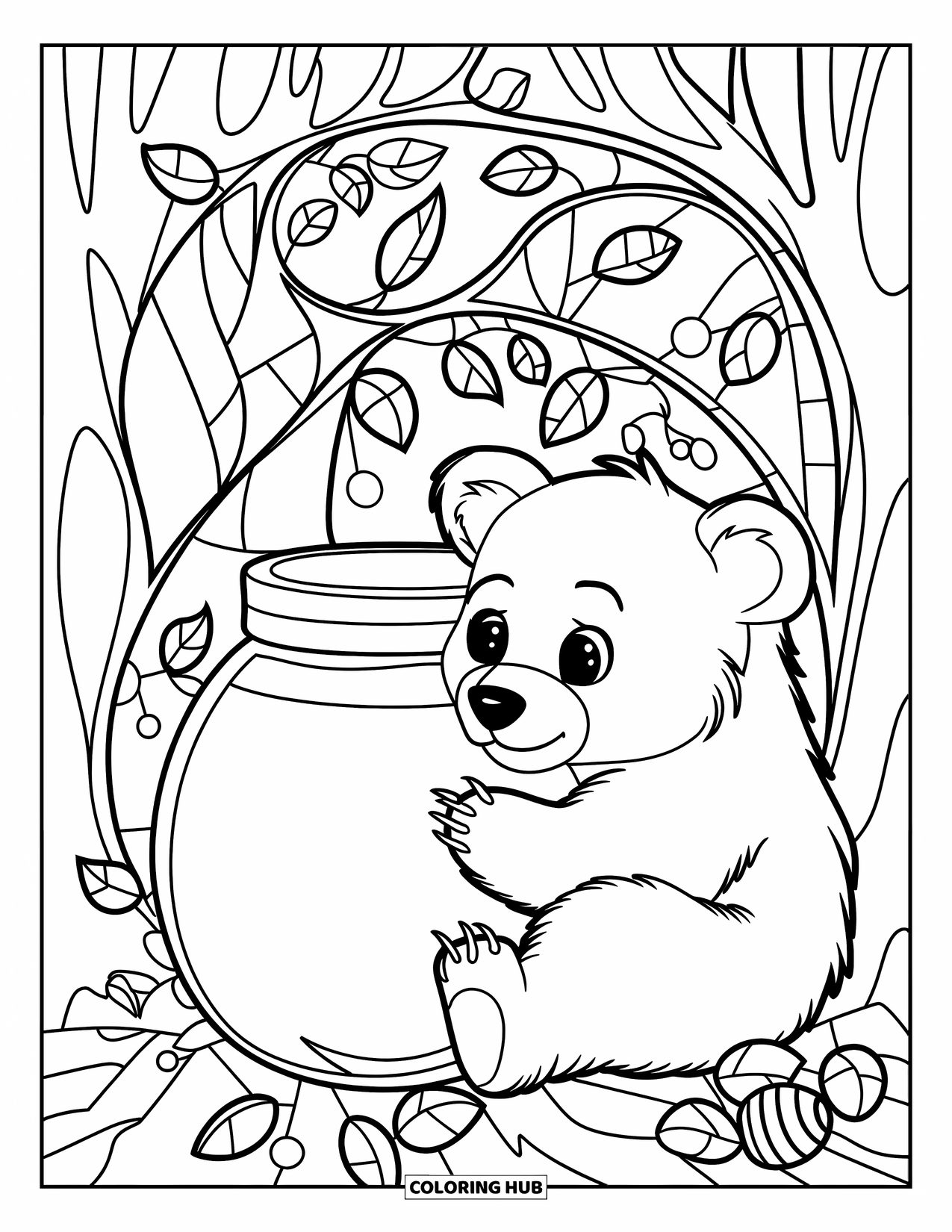 Baby Bear Coloring Page for Adults: Baby bear curled beside a honey jar surrounded by stained glass vines