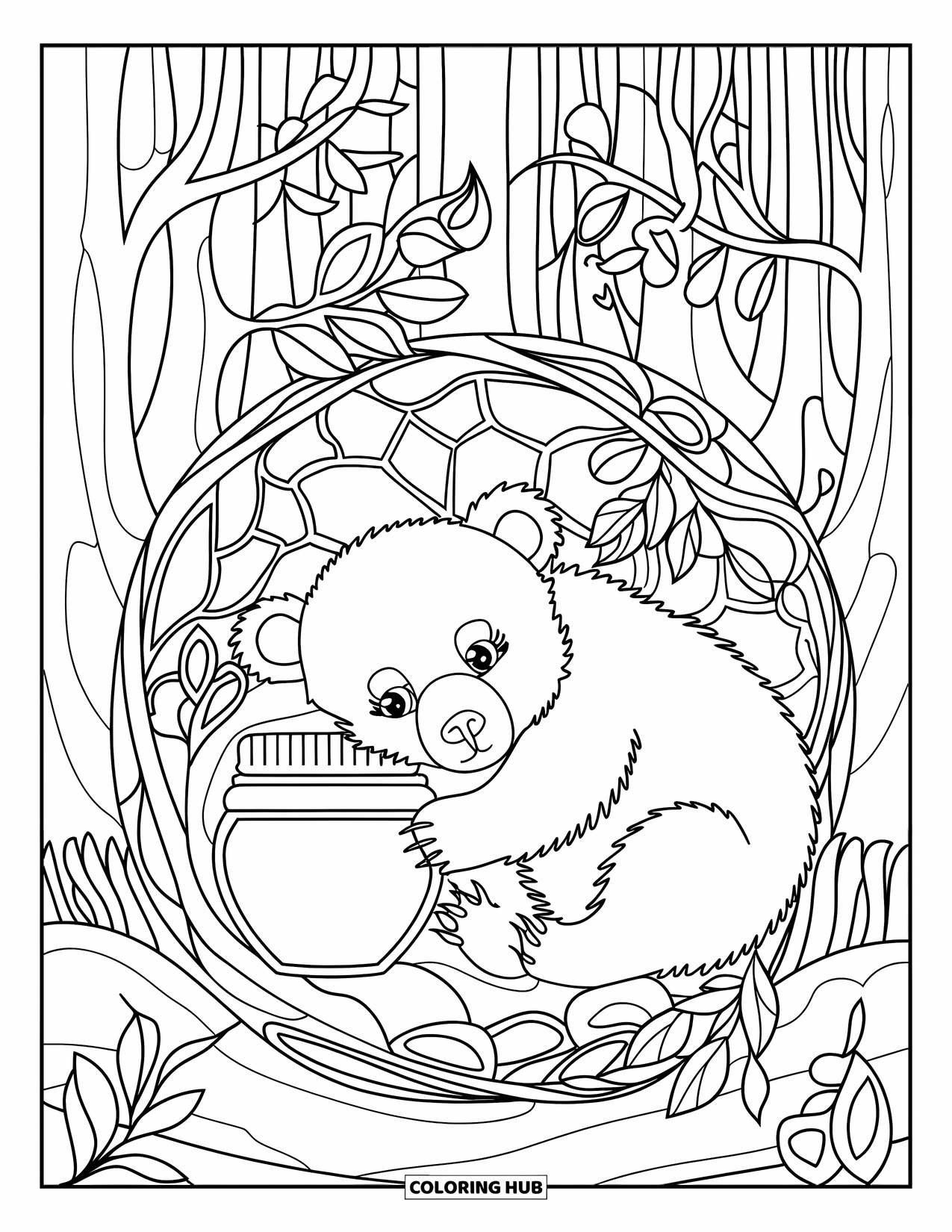 Baby Bear Coloring Page for Adults: Baby bear curled with honey jar framed by stained glass forest details
