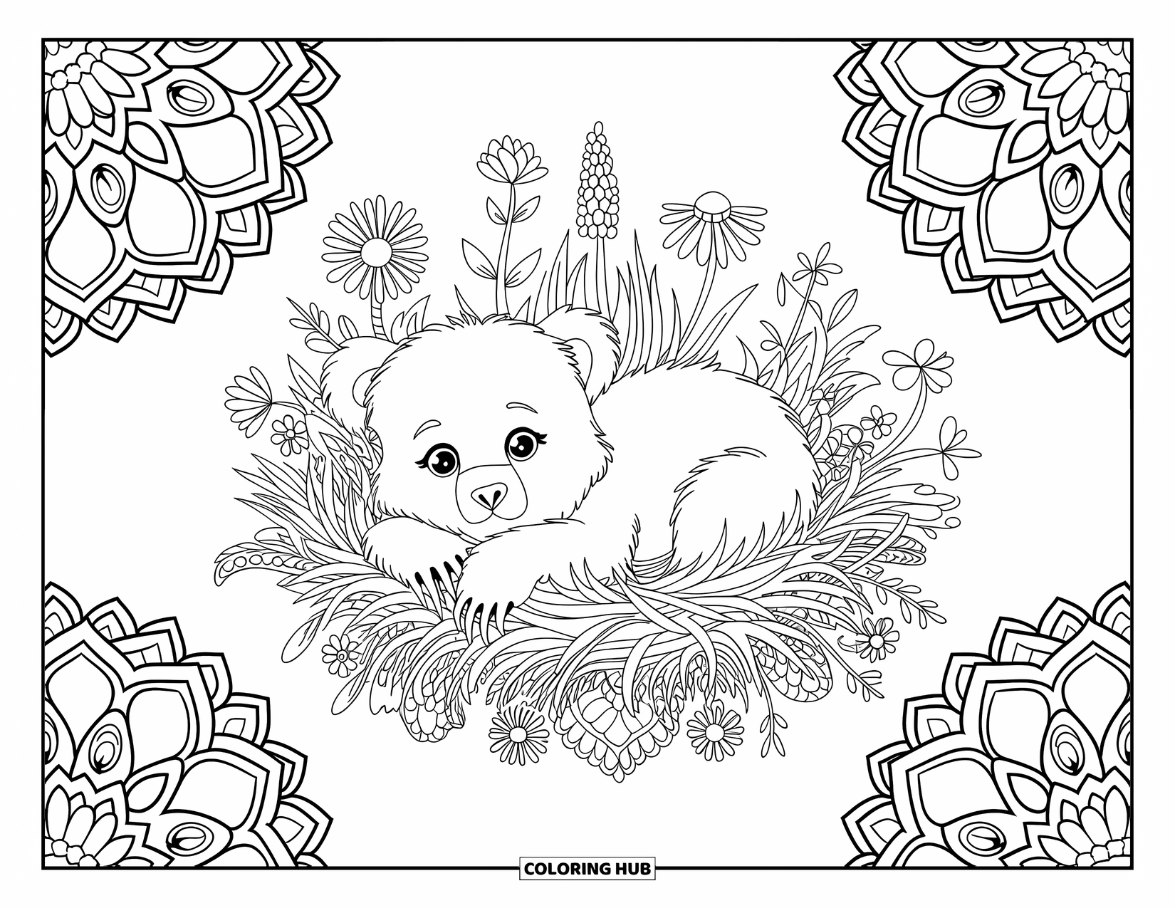 Baby Bear Coloring Page for Adults: Baby bear in a clover nest framed by mandala patterns and leafy designs