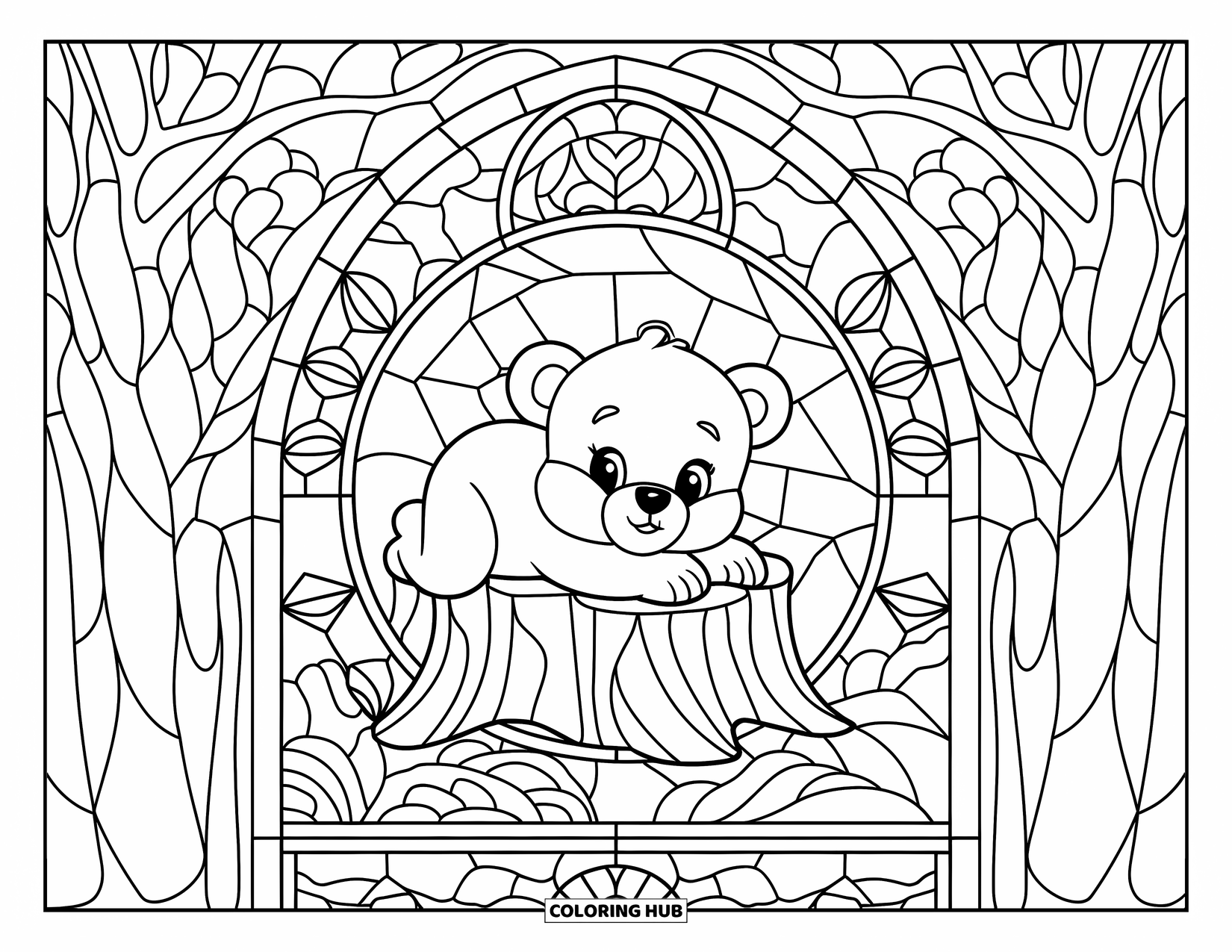Baby Bear Coloring Page for Adults: Baby bear lying on a stump within a stained glass woodland design
