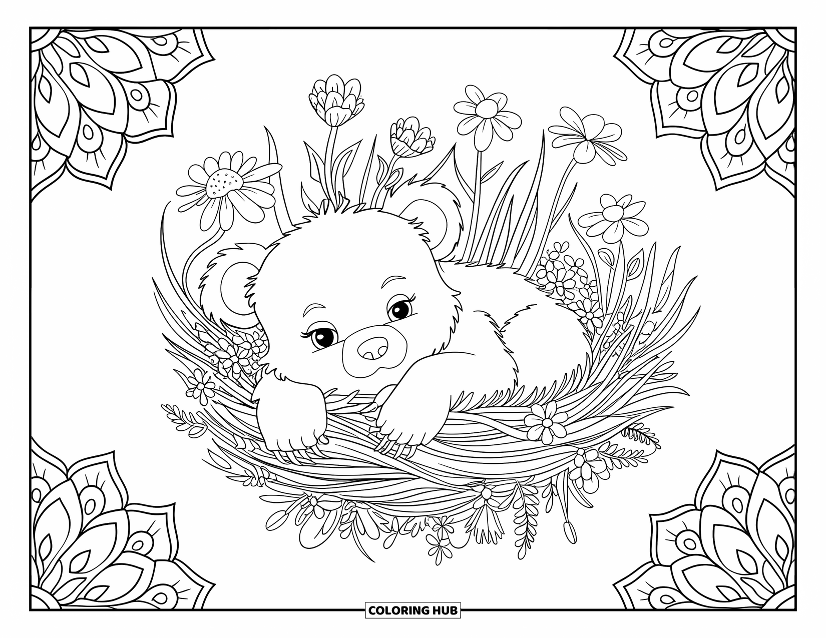 Baby Bear Coloring Page for Adults: Baby bear nestled in wildflowers and clover surrounded by mandala patterns