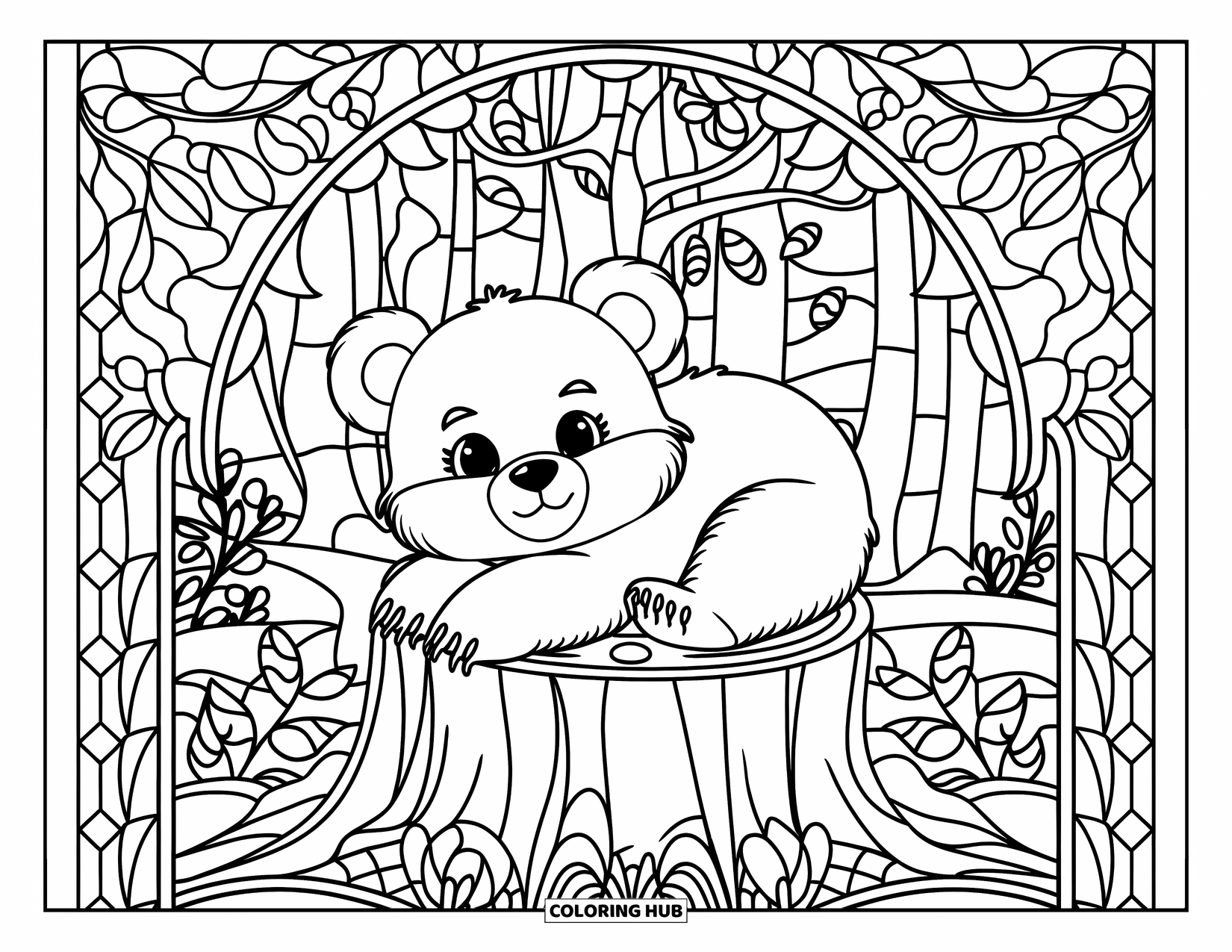 Baby Bear Coloring Page for Adults: Baby bear on a stump framed by stained glass patterns and forest details