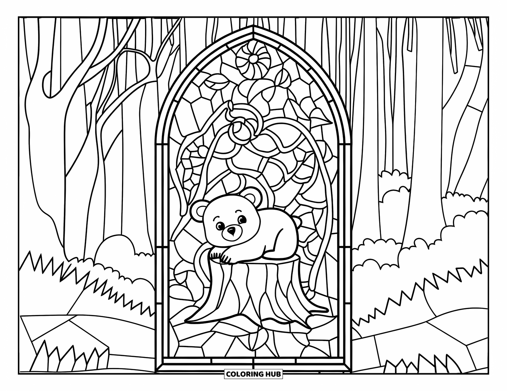 Baby Bear Coloring Page for Adults: Baby bear on a stump inside a stained glass window with forest elements