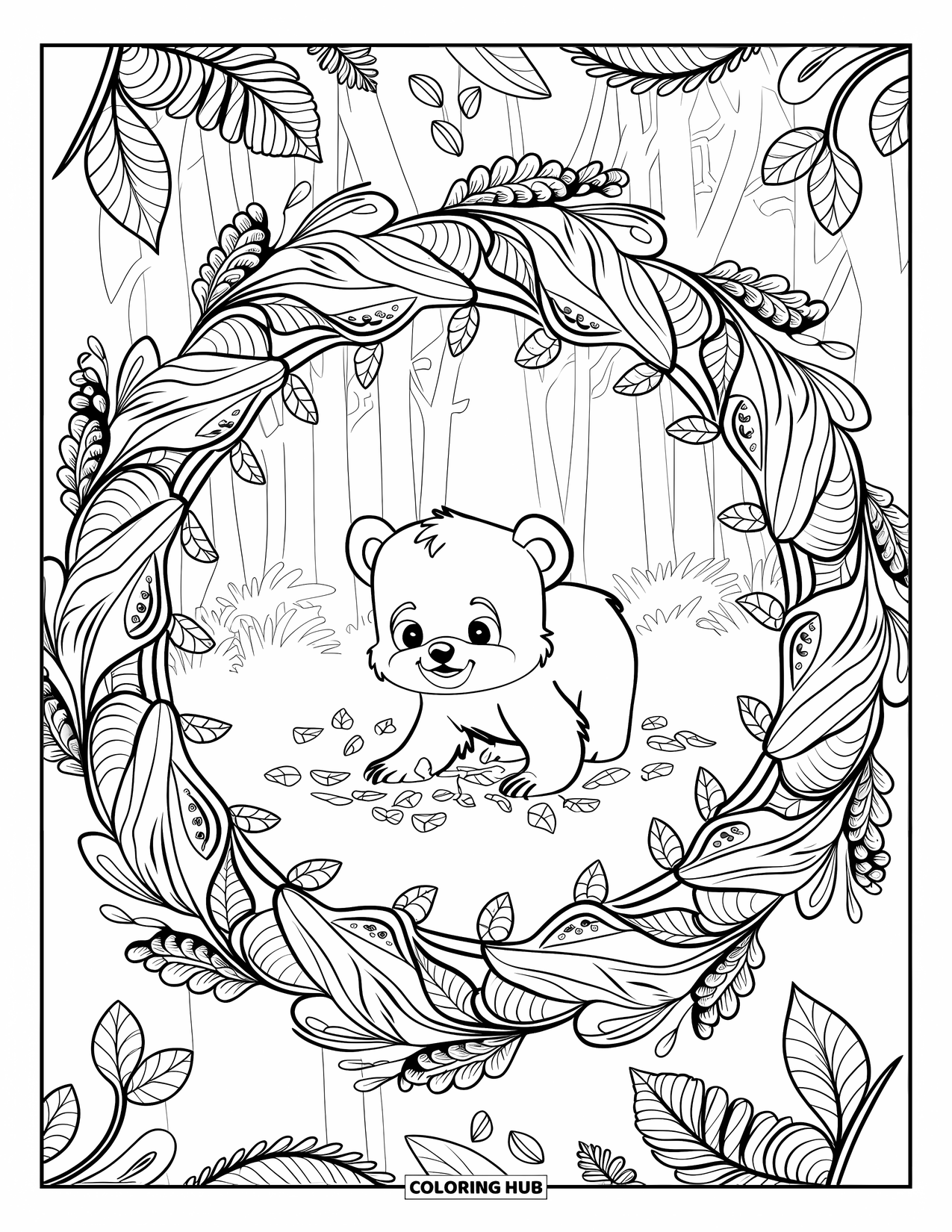 Baby Bear Coloring Page for Adults: Baby bear playing with leaves inside a swirling botanical mandala