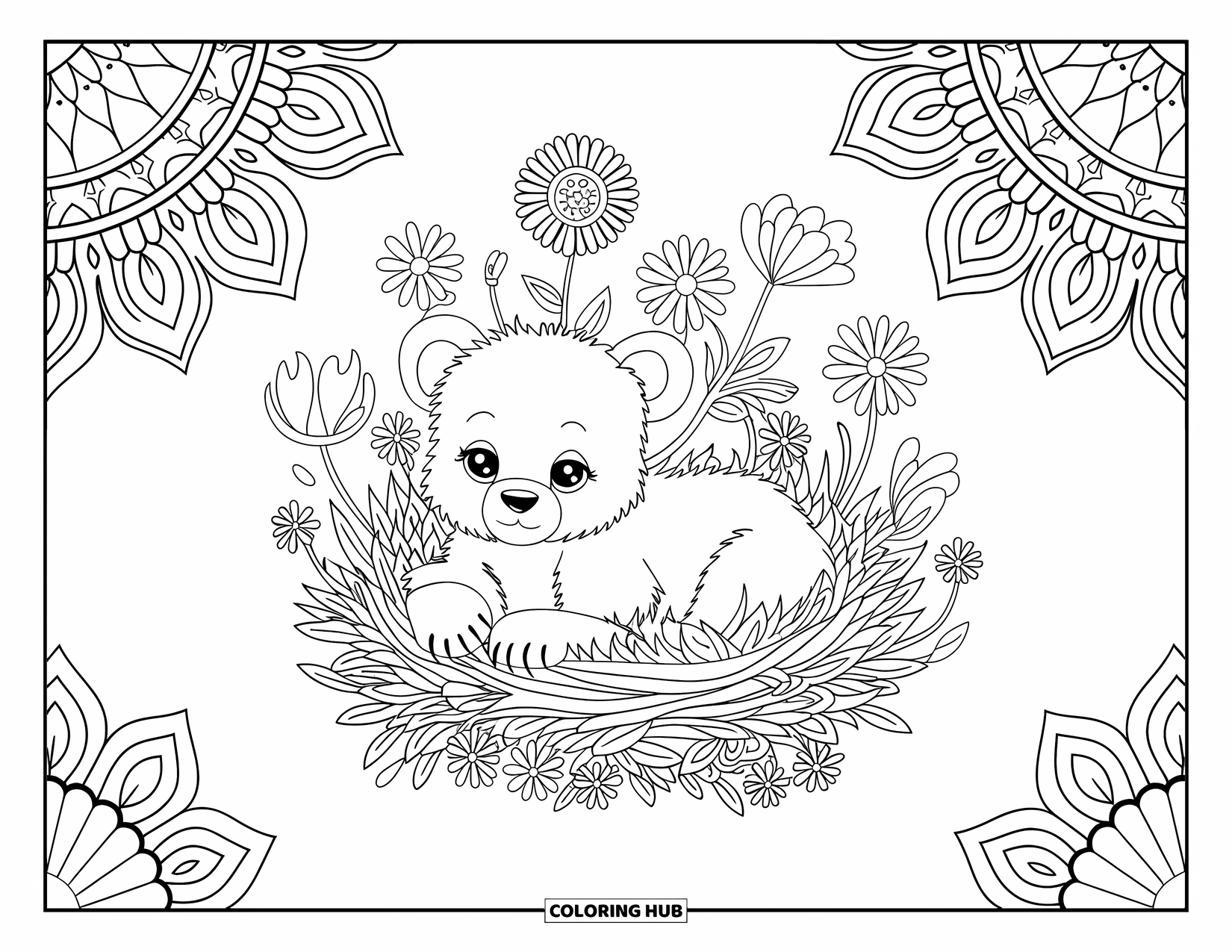 Baby Bear Coloring Page for Adults: Baby bear resting in clover framed by mandala patterns with intricate details