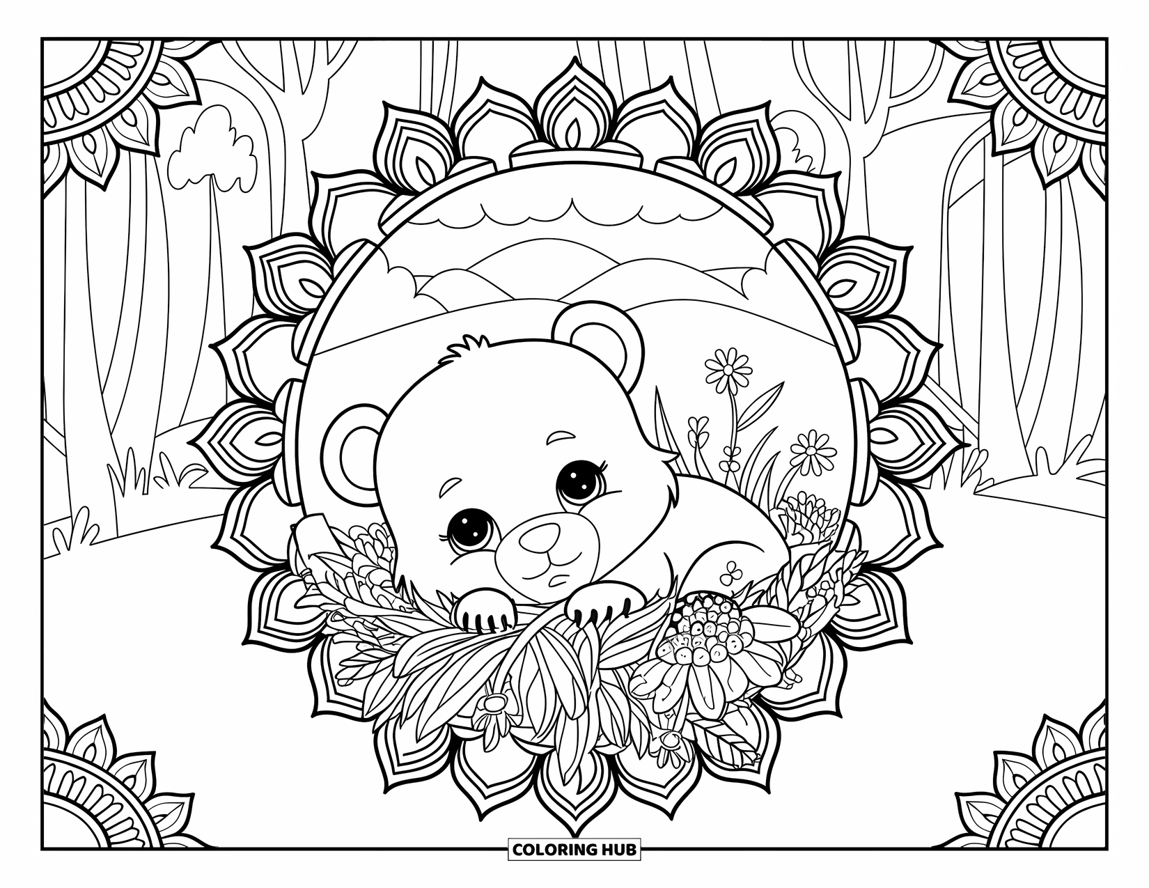 Baby Bear Coloring Page for Adults: Baby bear resting in wildflowers and clover surrounded by a forest scene