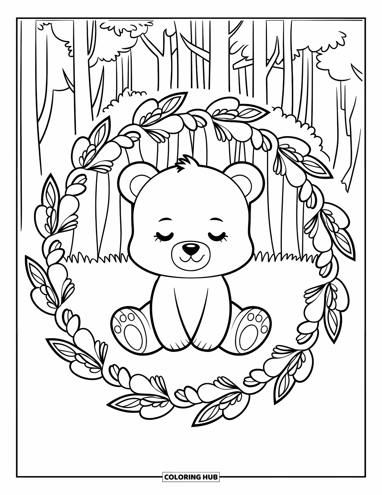 Baby Bear Coloring Page for Adults: Baby bear sitting in blooming flowers surrounded by ornate leaf patterns