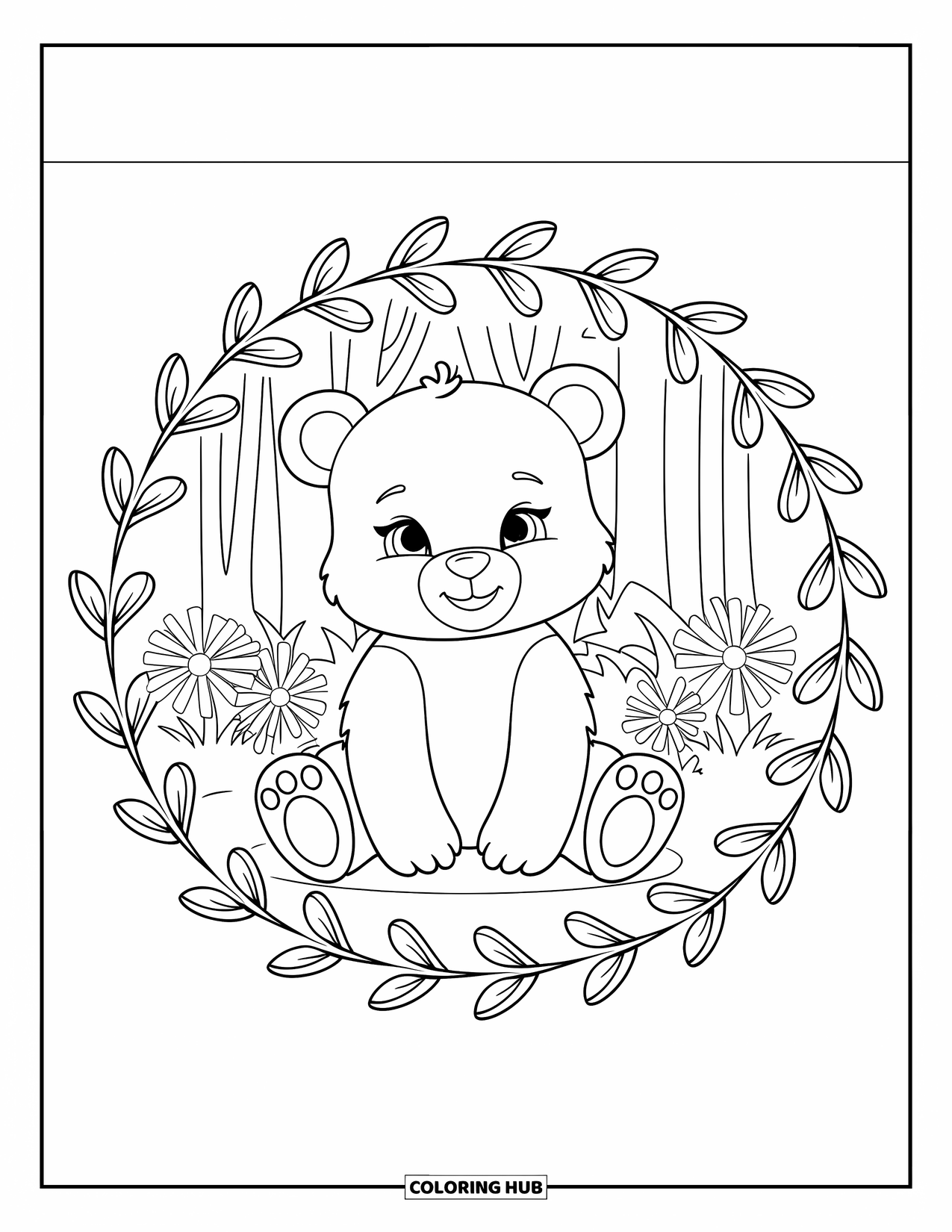 Baby Bear Coloring Page for Adults: Baby bear sitting peacefully in flowers with leafy forest details