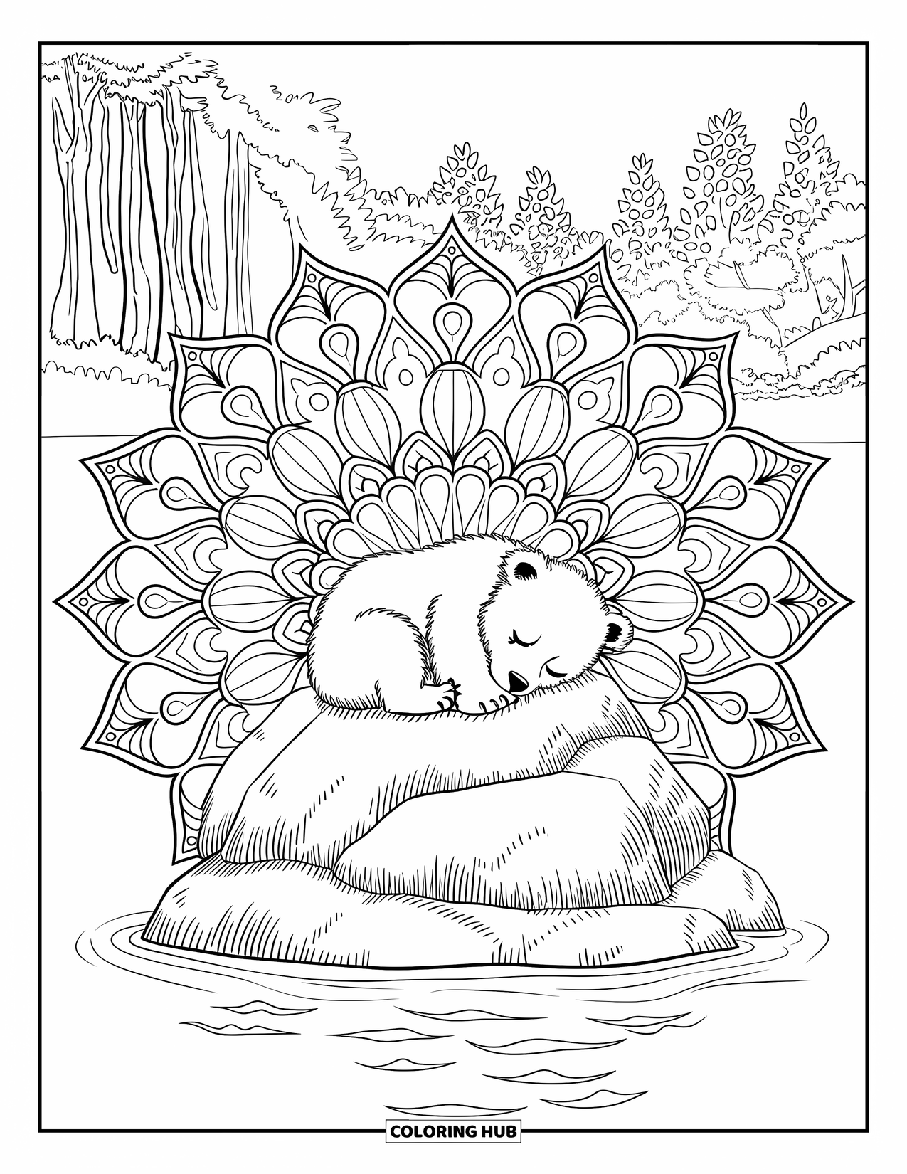 Baby Bear Coloring Page for Adults: Baby bear sleeping on a mossy rock in a forest lake mandala