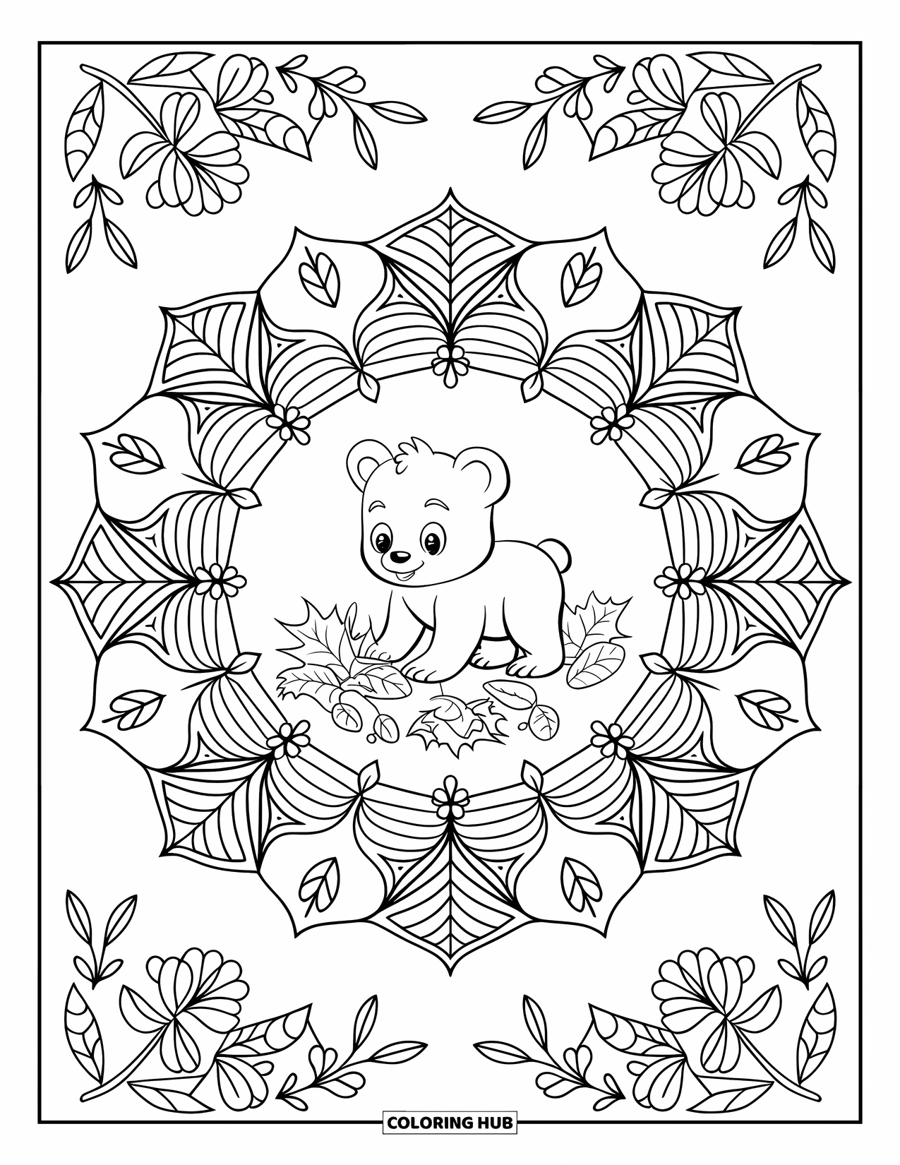 Baby Bear Coloring Page for Adults: Baby bear with fallen leaves framed by a mandala of flowers and vines