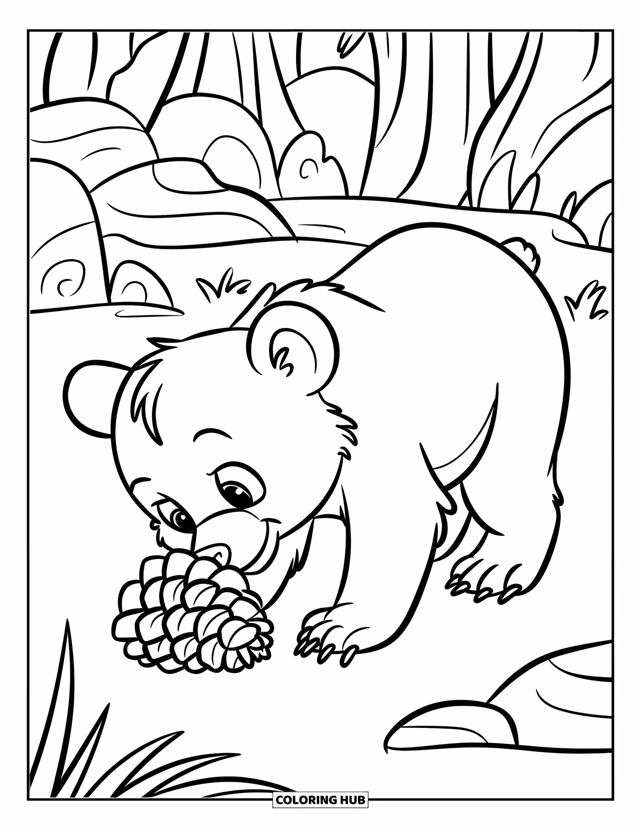 Baby Bear Coloring Page for Kids: A baby bear cautiously sniffs a pinecone in the middle of the woods