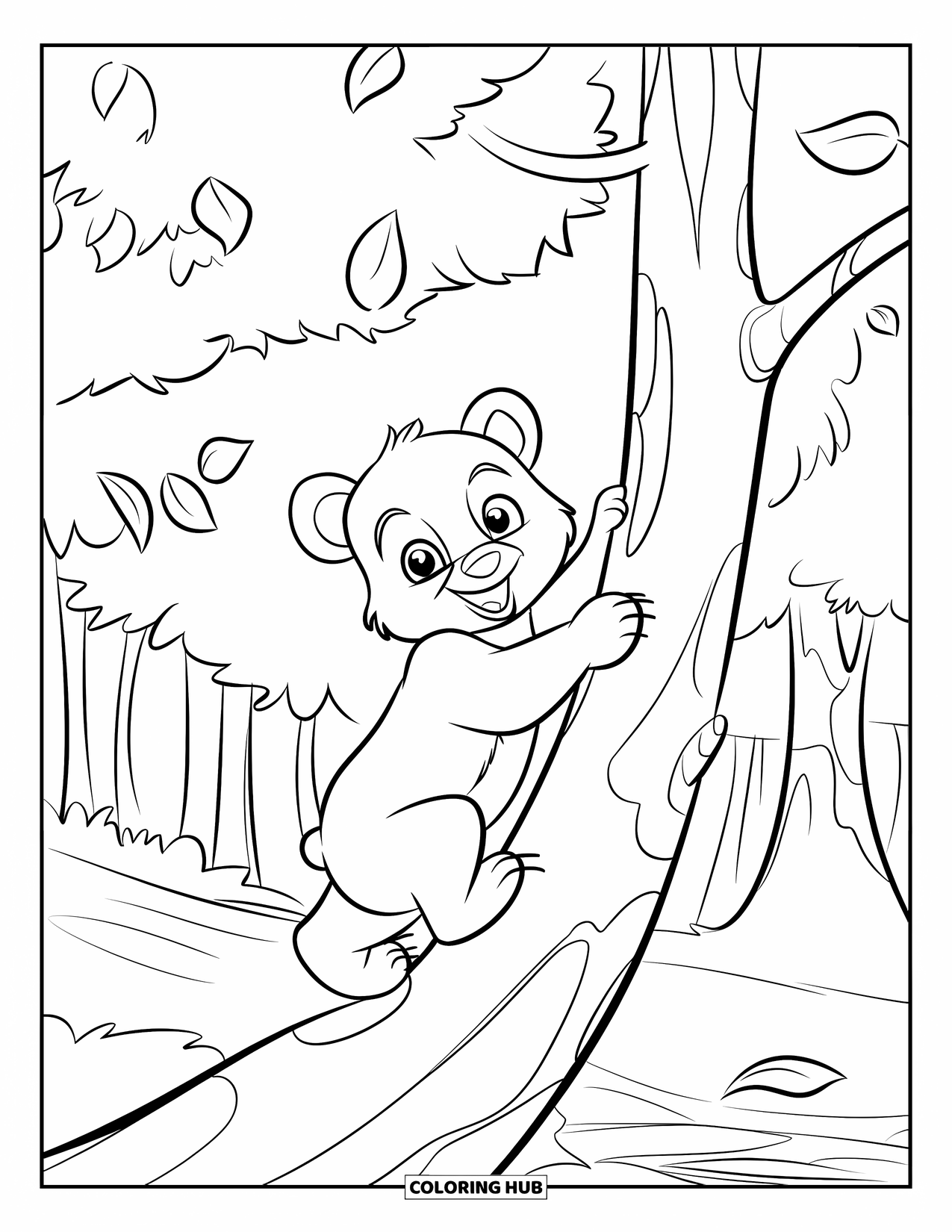 Baby Bear Coloring Page for Kids: A baby bear climbs halfway up a tree while leaves swirl in the air