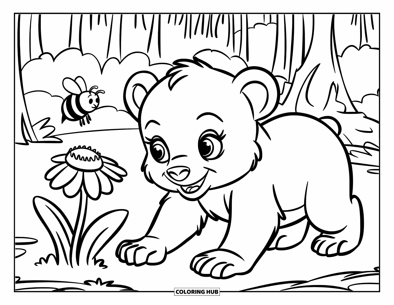Baby Bear Coloring Page for Kids: A baby bear crawls near a flower as a bee hovers above
