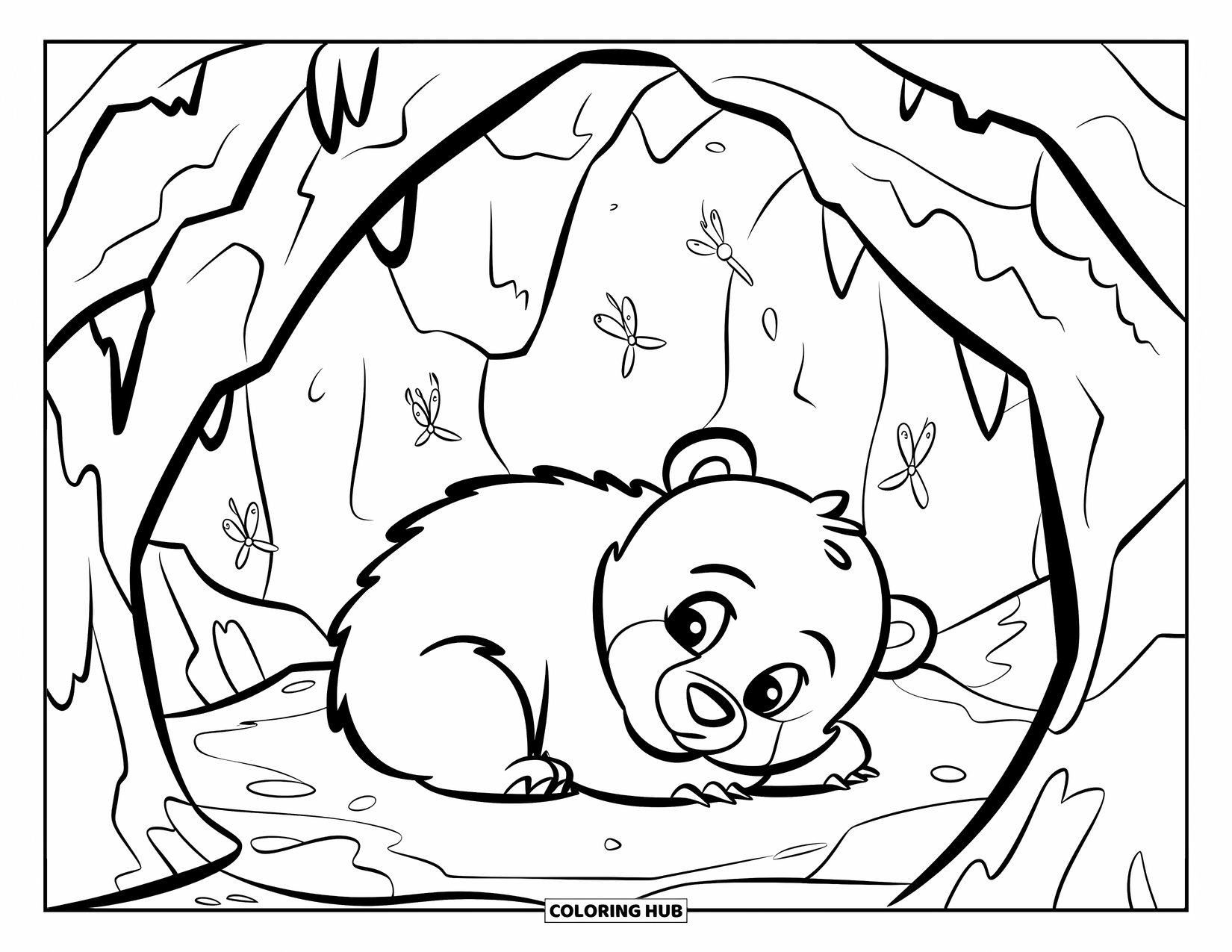 Baby Bear Coloring Page for Kids: A baby bear curls inside a dark cave with fireflies lighting the space