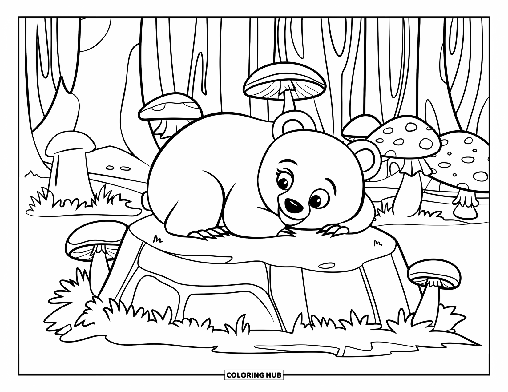Baby Bear Coloring Page for Kids: A baby bear curls on a mossy rock surrounded by mushrooms in the forest