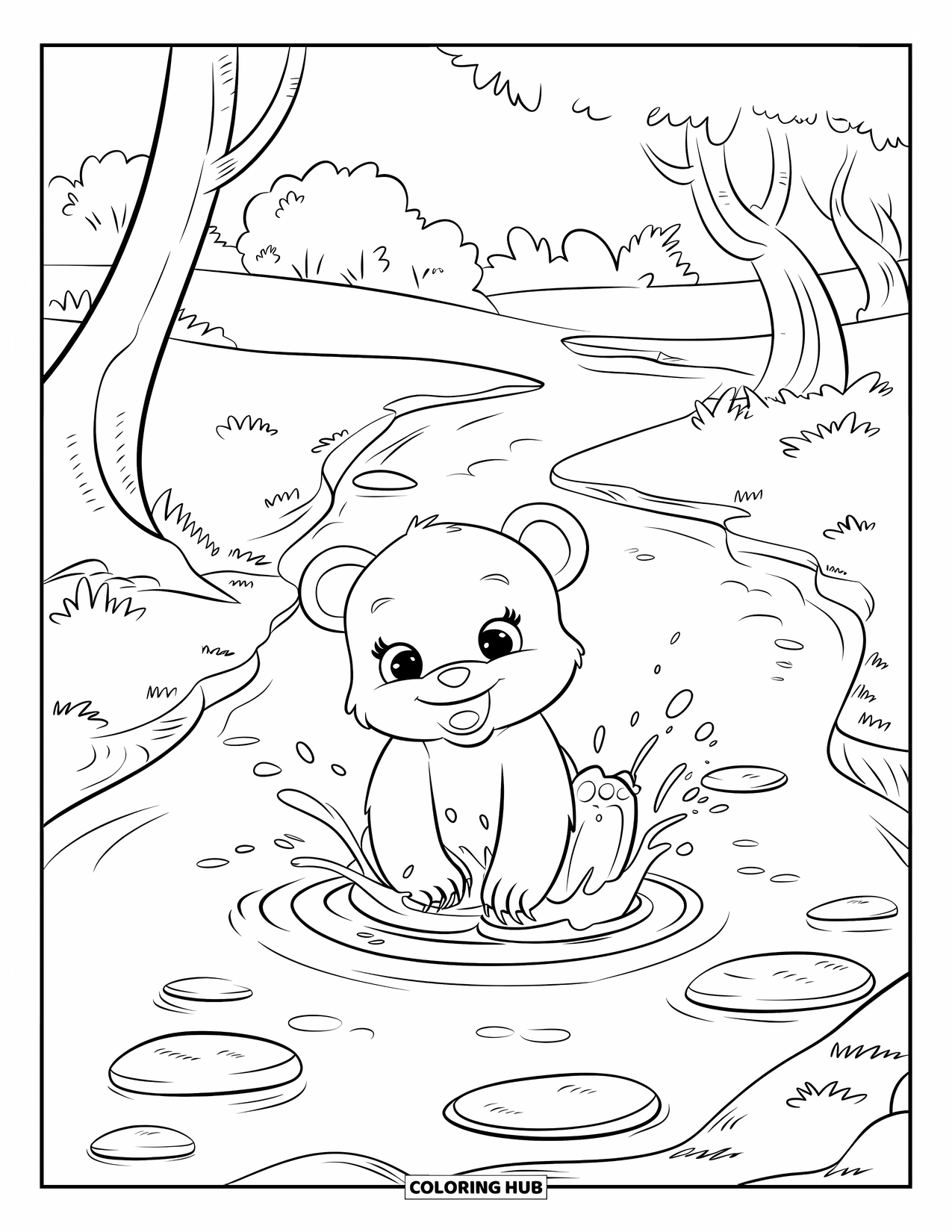 Baby Bear Coloring Page for Kids: A baby bear happily splashes water in a creek surrounded by smooth stones