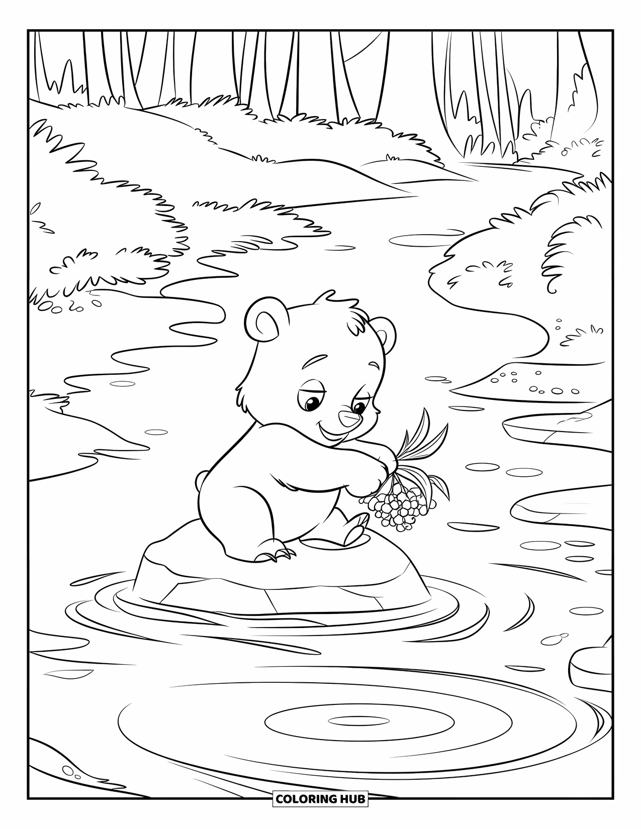 Baby Bear Coloring Page for Kids: A baby bear holds a berry branch while sitting on a rock in a stream