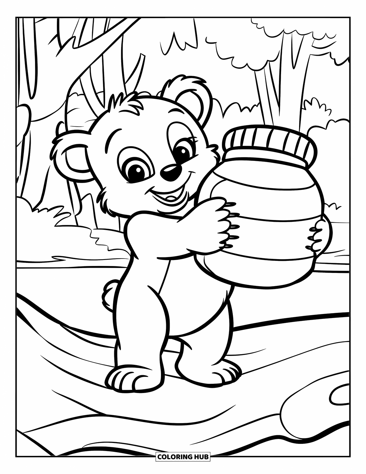 Baby Bear Coloring Page for Kids: A baby bear holds a giant honey jar while standing on a log