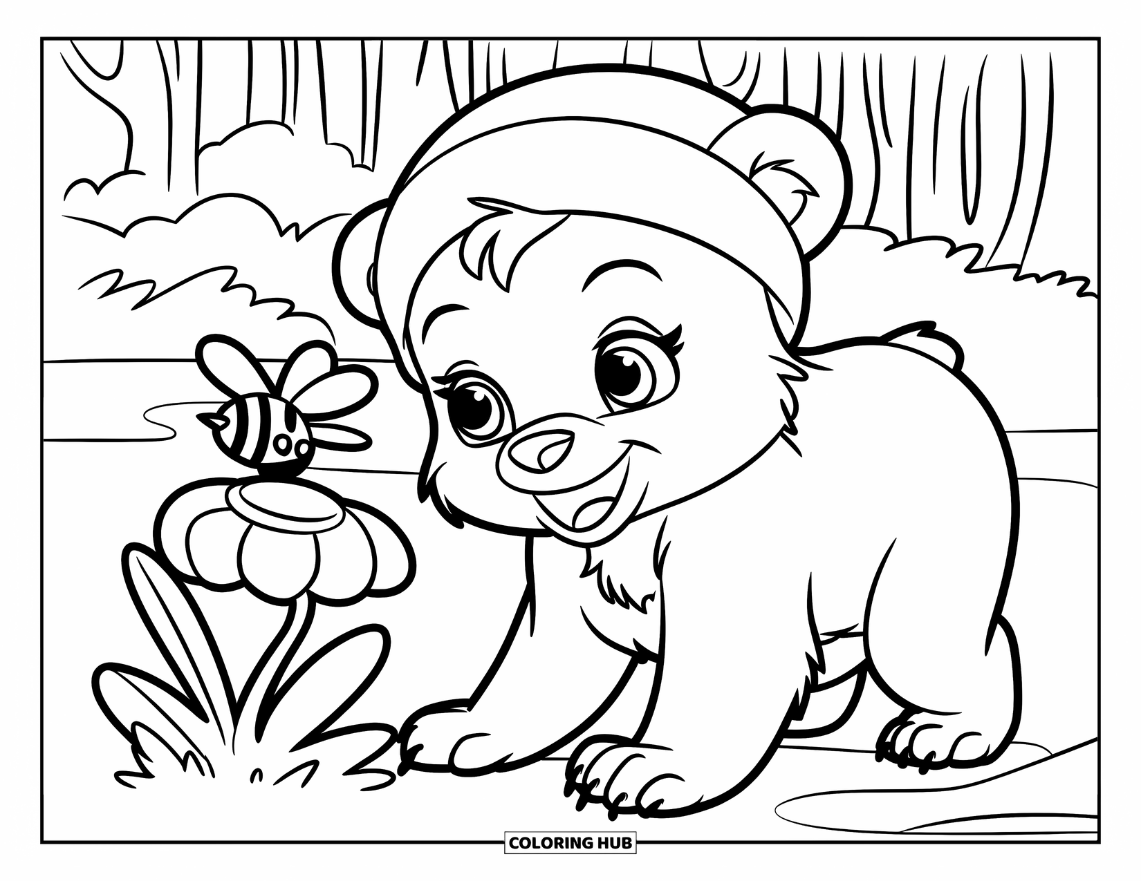Baby Bear Coloring Page for Kids: A baby bear in a hat crawls near a flower with a buzzing bee