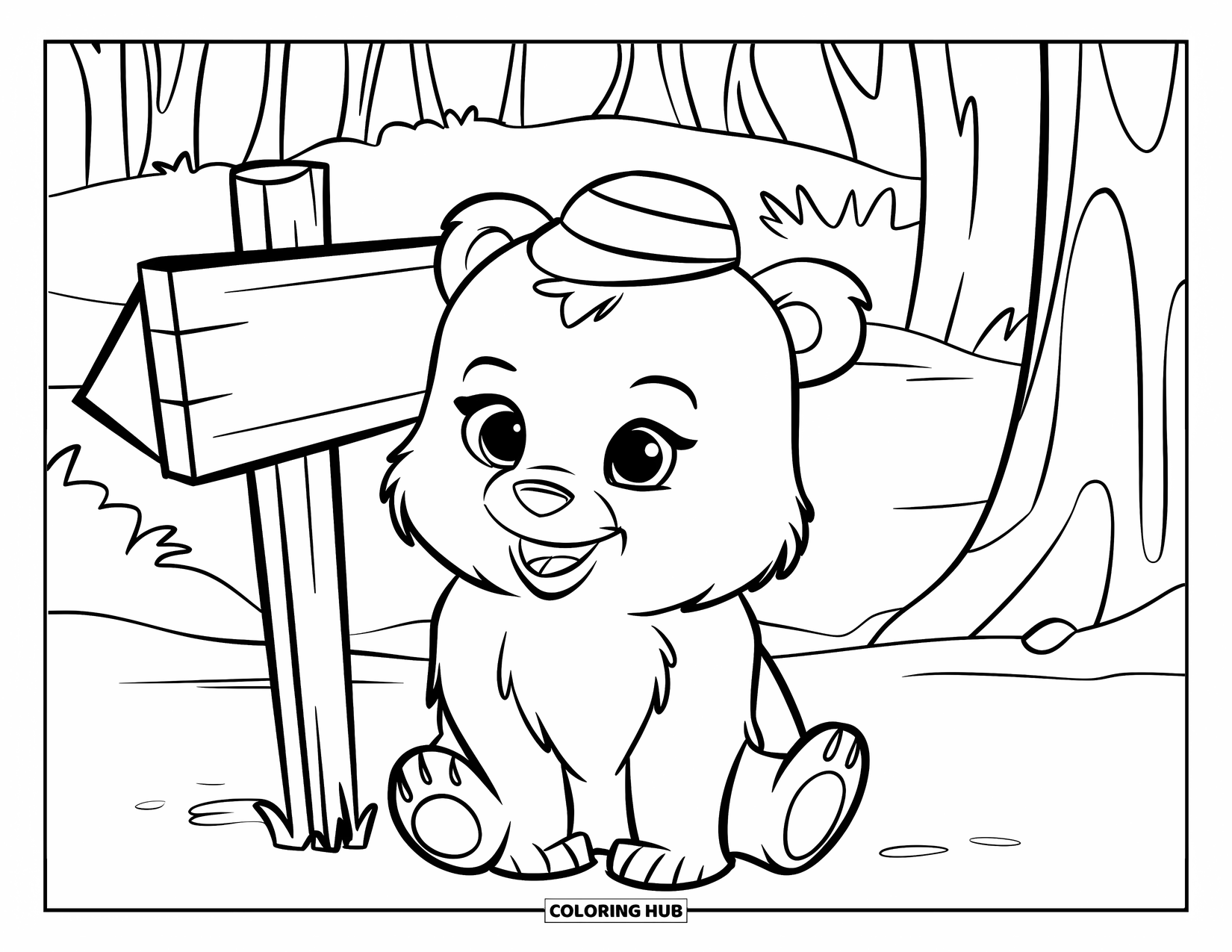 Baby Bear Coloring Page for Kids: A baby bear in a hat sits beside a wooden signpost in the woods